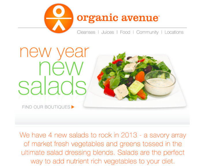 Organic Avenue Email Campaign, 2013