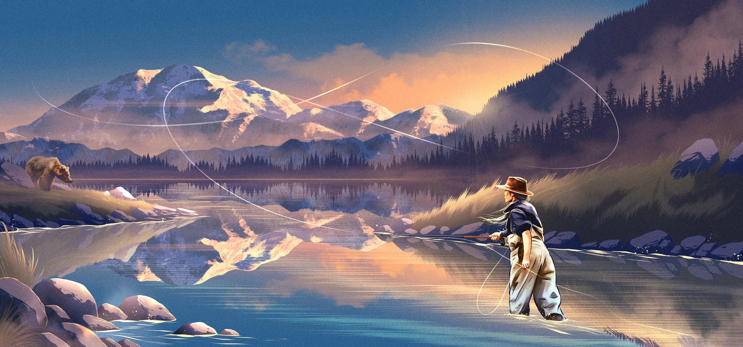 Artist rendering of author Kim Cross fly-fishing in Alaska on a river with snow-capped mountains and a bear in the background
