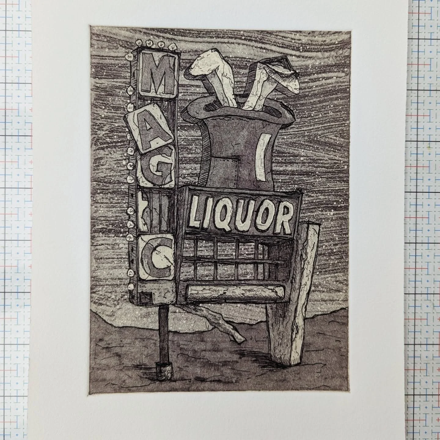 Made this little etching for a class portfolio. Having a lot of fun with the soap ground.
.
.
.
.
.
#printmaking #printmakingart #printmakingprocess #prints #printmaker #drawing #art #print #etching #intaglio #rustporn #signs #liquorstore #soapground