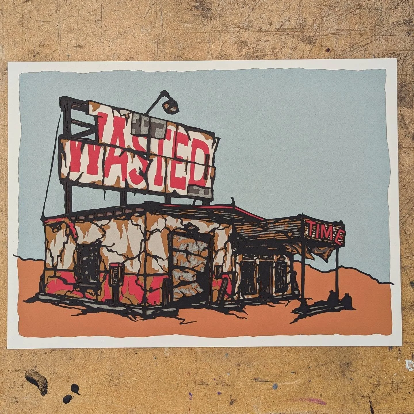 Wasted Time. Newest paper cut in a series of rest stops and signage I'm working on. I'm a bit limited by scale with this equipment, but eventually I'd love to make some closer to 22x30. 
.
.
.
.
.
#drawing #prints #printmaking #printmaker #paperart #