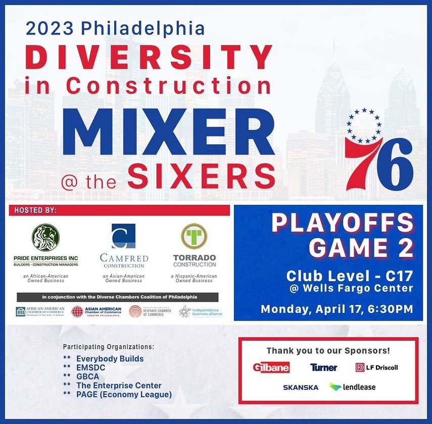 Co-hosted a great diversity in construction event at Philadelphia 76ers Playoffs Game 2!!! 60 people representing and supporting diverse construction businesses in Philadelphia! Making connections, developing relationships and establishing trust. Tha