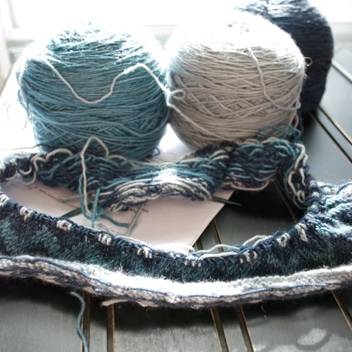Color Infusion Cowl, in the Plucky Knitter Bello , colors Early Light, Skies of November, and Big Sky.