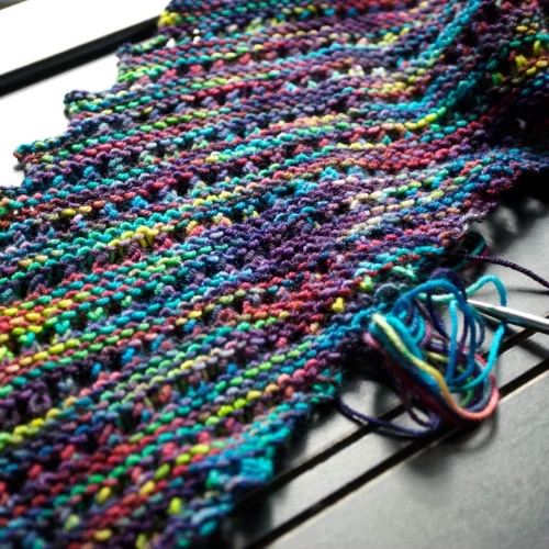 Hitchhiker shawl in Nerd Girl Yarns Bounce & Stomp, color way #lolwut