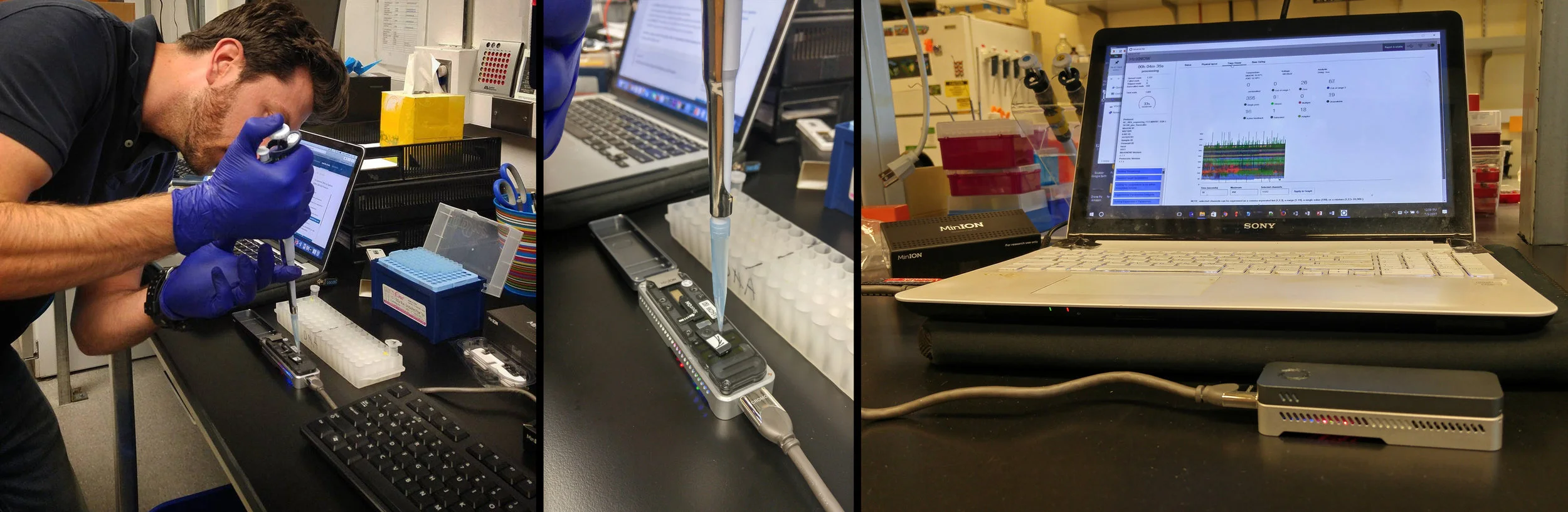 Loading the sample into the MinION DNA sequencer, which runs off the power of your laptop