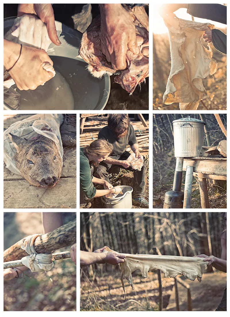 Tanning the deer hide involves rubbing the skin in a solution of water mixed with the brains of the deer which helps soften the leather. 