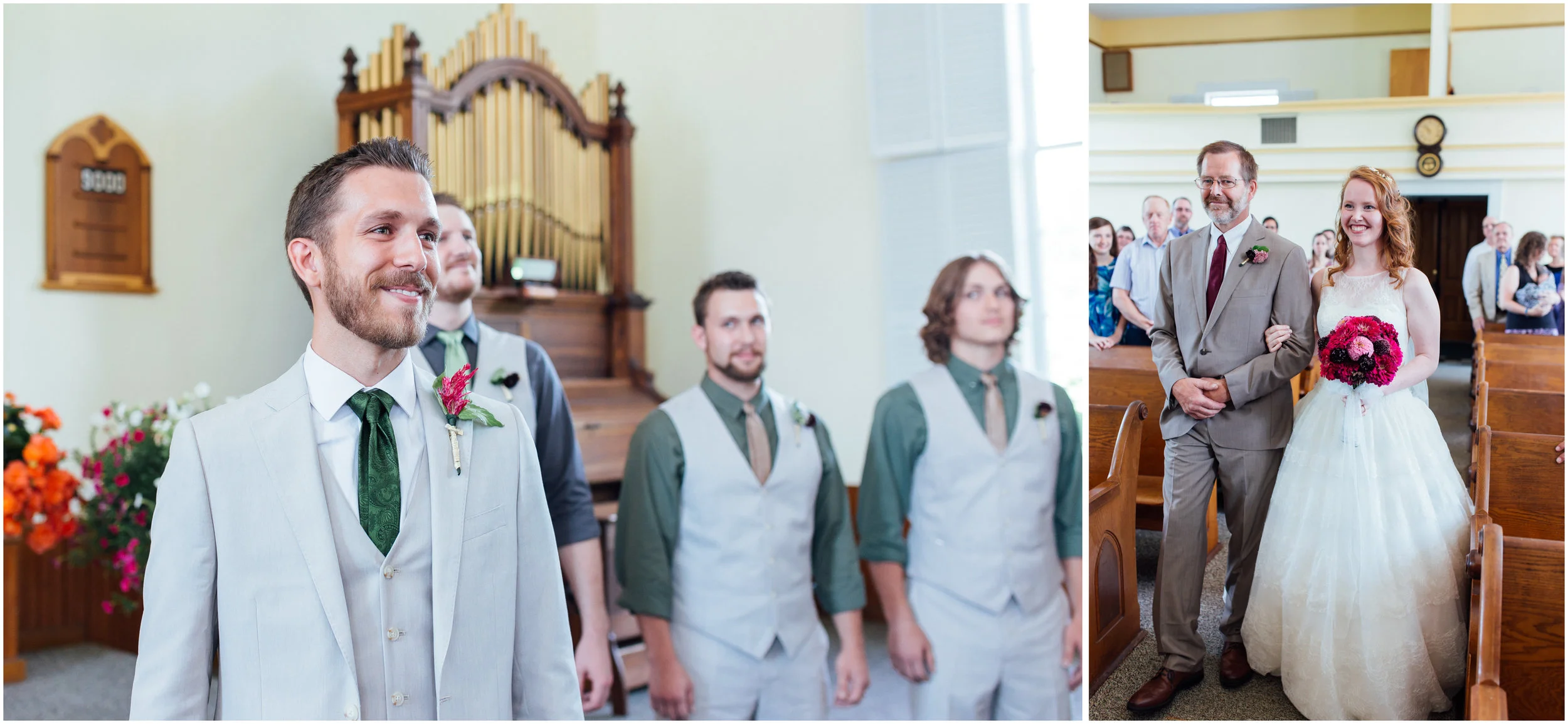 Groom smiles as his bride walks down the aisle smiling and happy