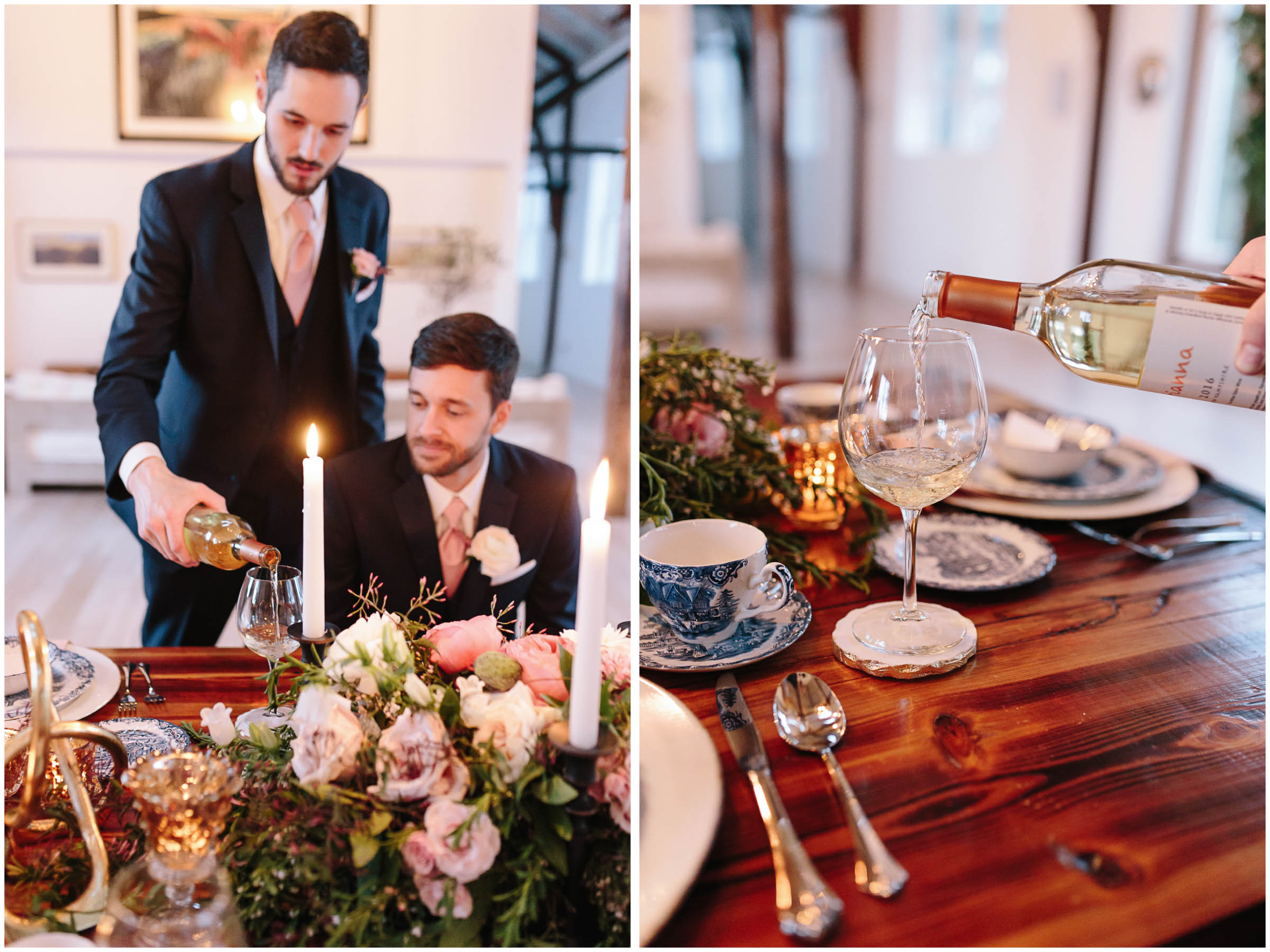 Intimate and romantic styled wedding photography in Lee, Massachusetts in the Berkshires - wedding party, groom and best man, wine