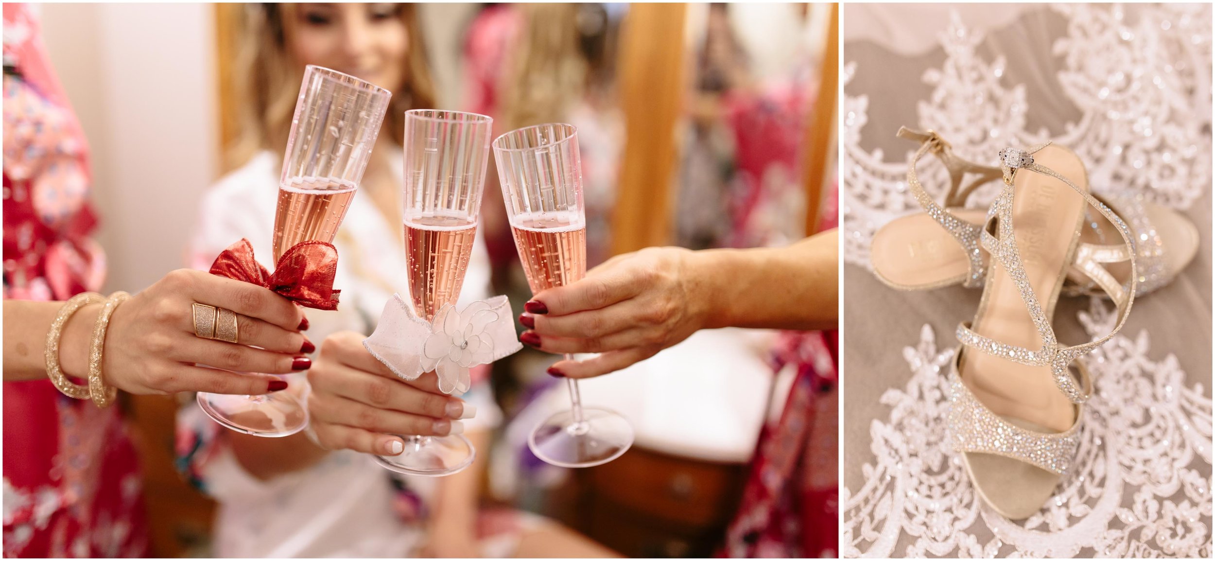 Scenic New Hampshire Wedding at Atkinson Resort and Country Club - Bride and bridesmaids drinking champagne; shoes and diamond ring