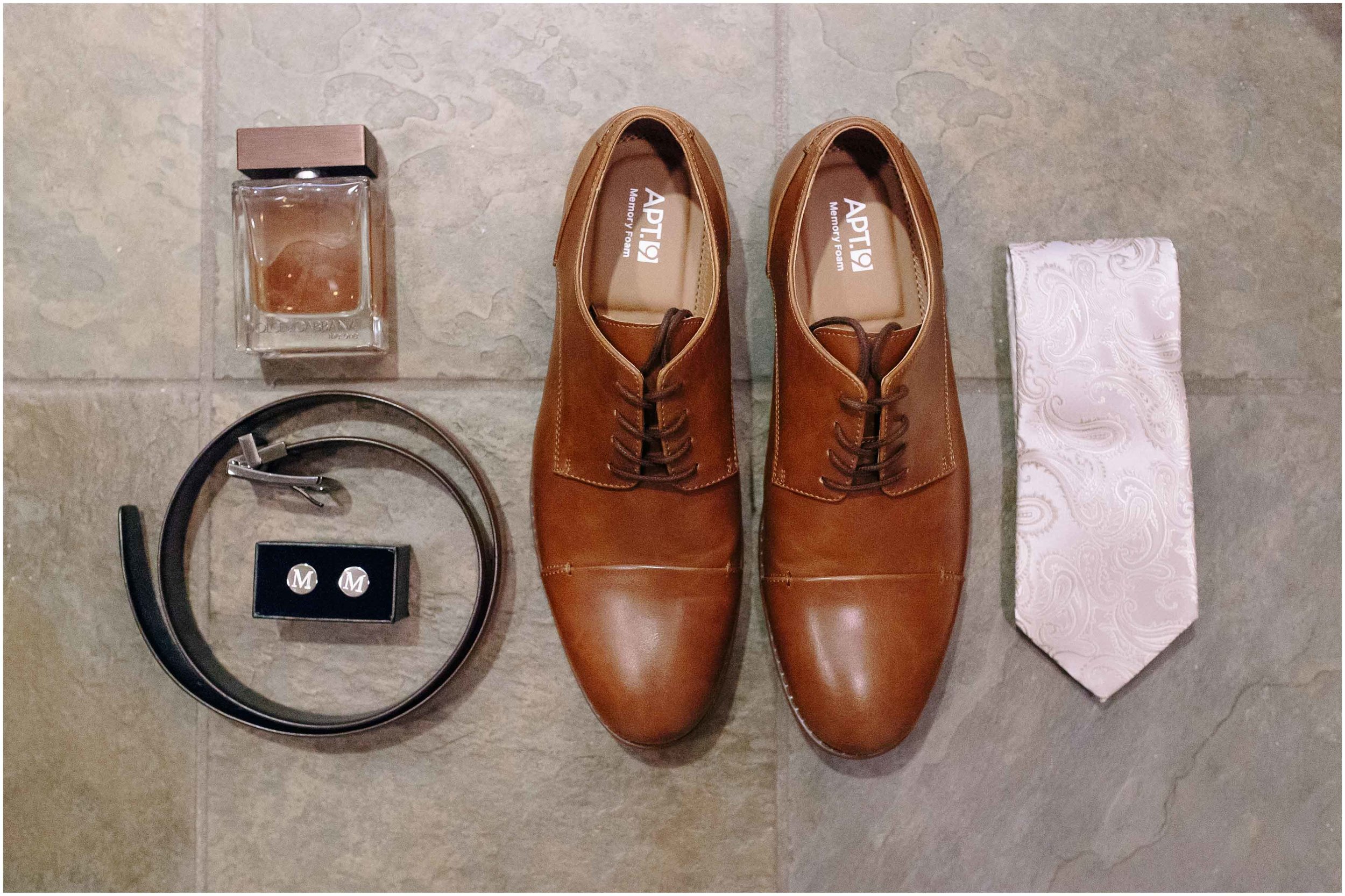 Scenic New Hampshire Wedding at Atkinson Resort and Country Club - Groom's shoes, belt, cufflinks, cologne, and tie