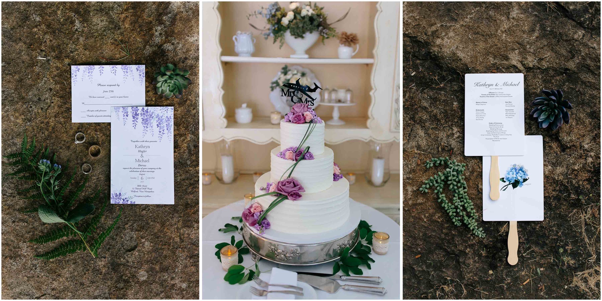 Sunny New Hampshire Summer Wedding at Mile Away Restaurant Milford - invitations and program and cake