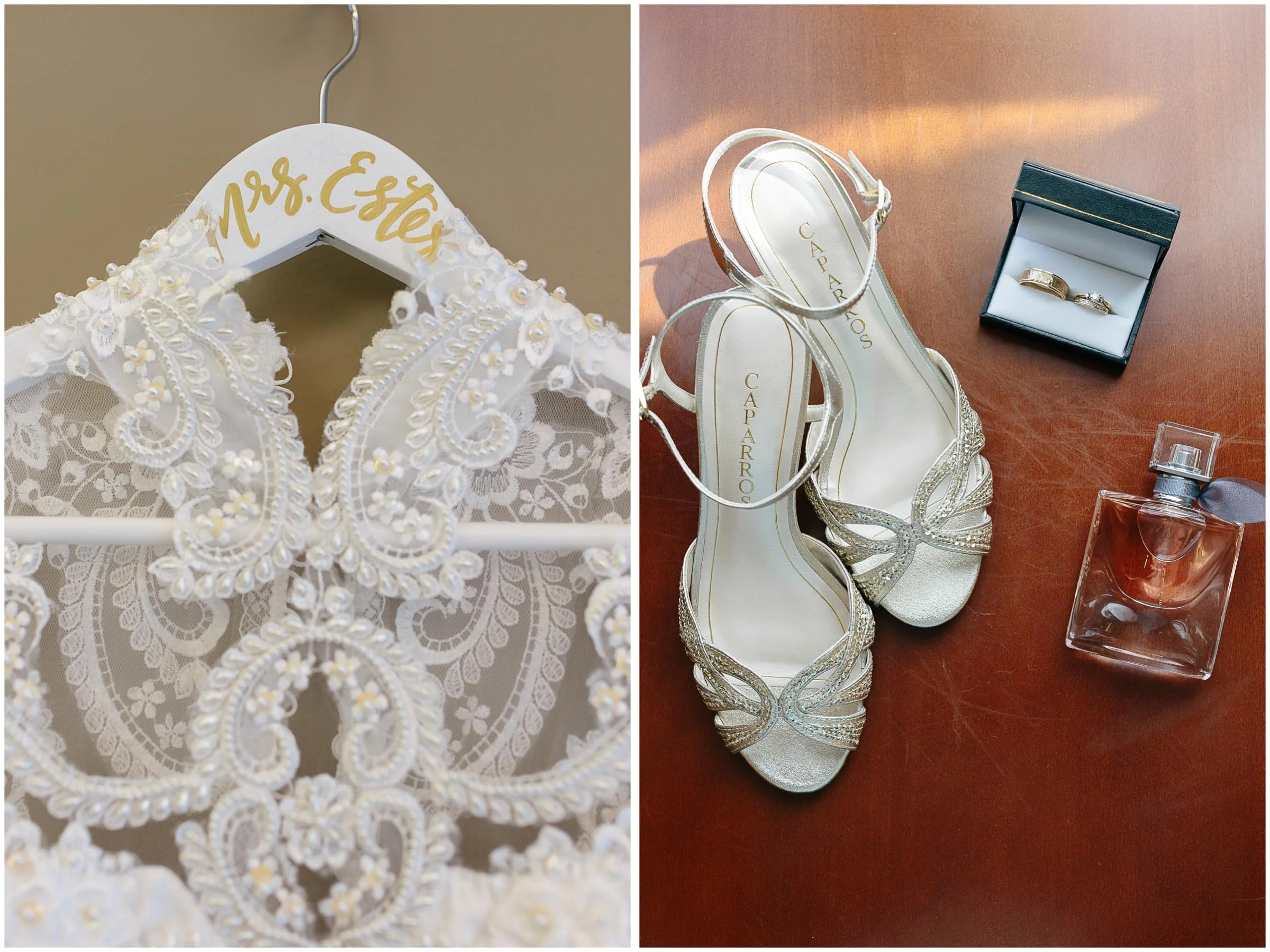 Chic New Hampshire Wedding at Manchester Country Club Bedford - dress, gown, shoes, rings, and La Vie est Belle perfume