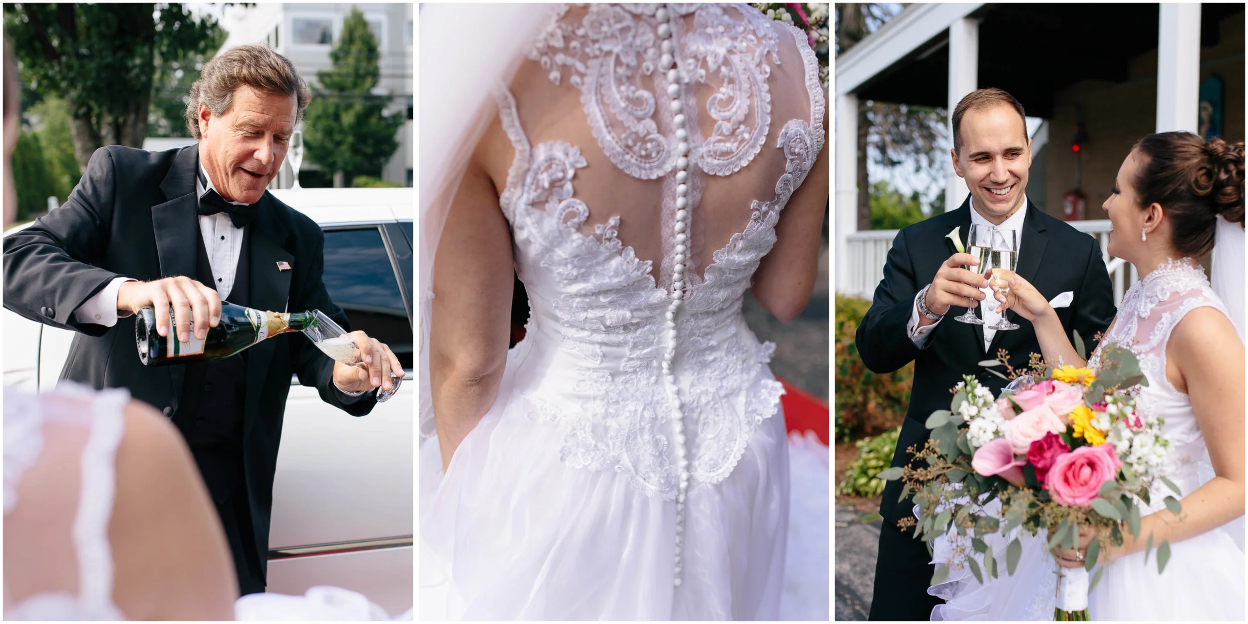 Chic New Hampshire Wedding at Manchester Country Club Bedford - brides and groom with champagne and Grace Limousine, dress details