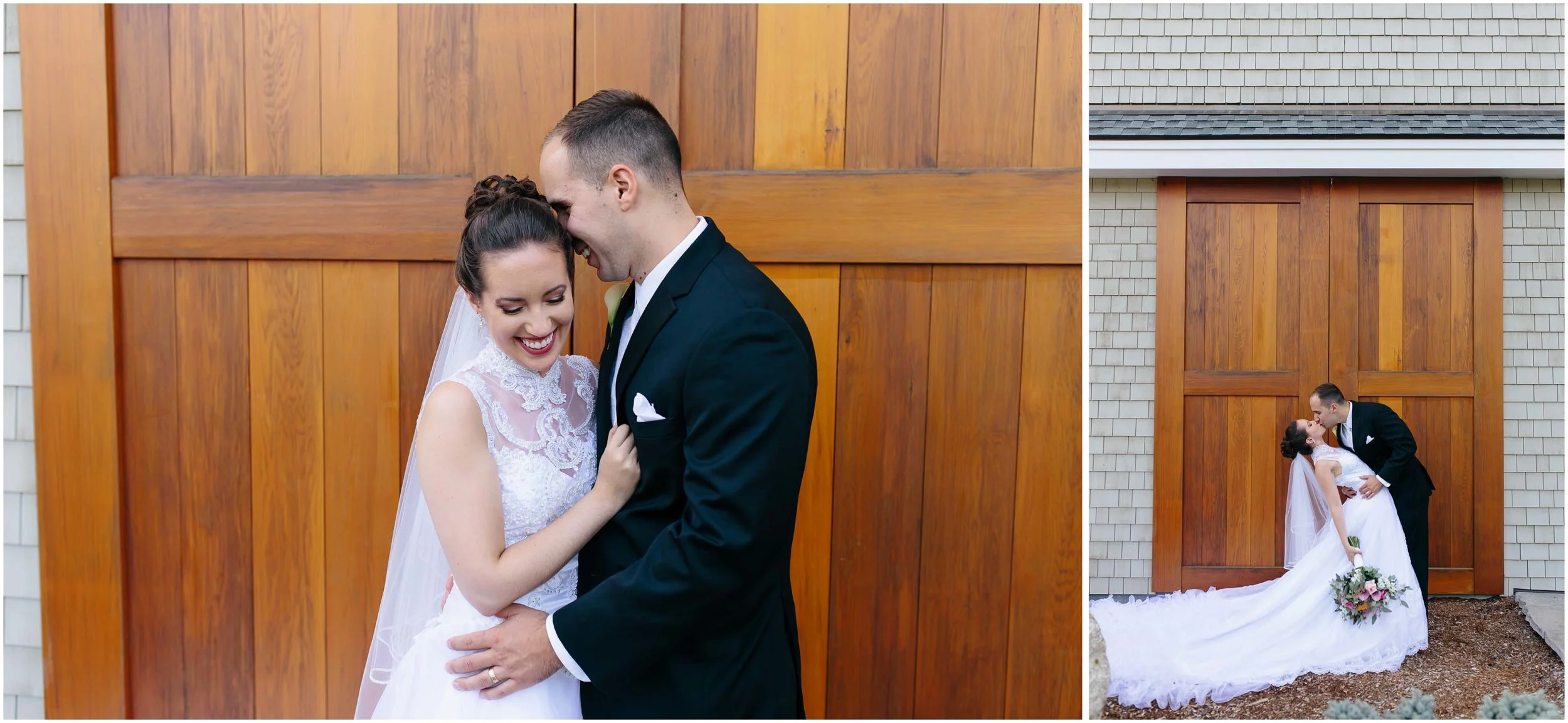 Chic New Hampshire Wedding at Manchester Country Club Bedford - bride and groom laugh and dip kiss