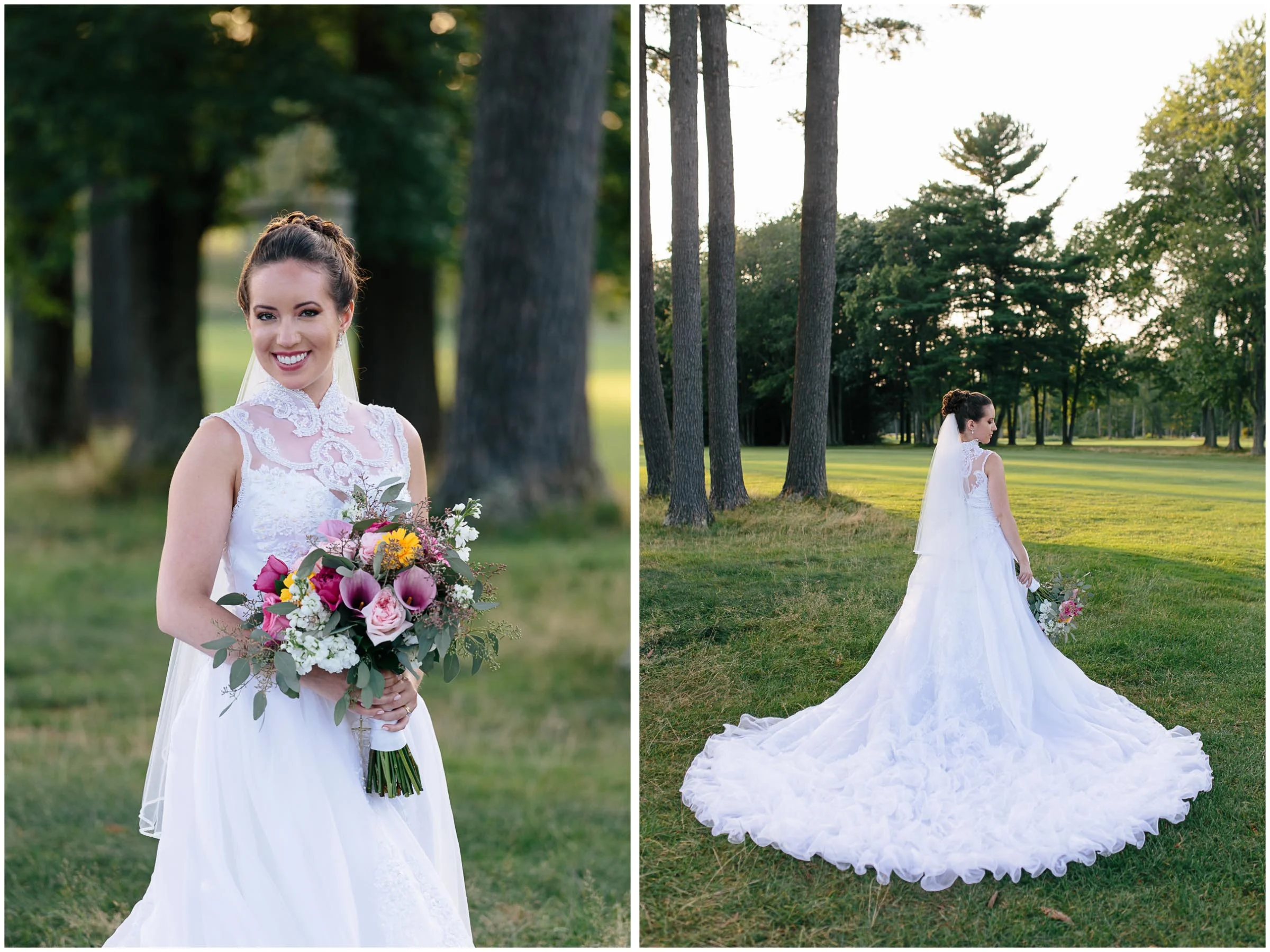 Chic New Hampshire Wedding at Manchester Country Club Bedford - bride and Chalifour's Flowers bouquet, cathedral train