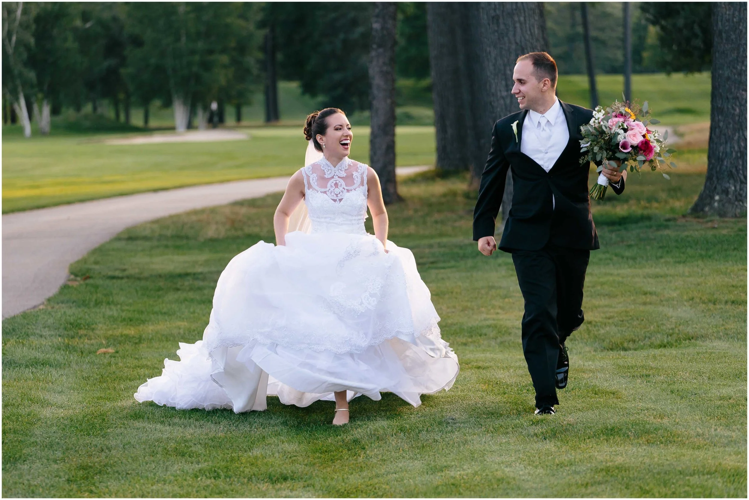 Chic New Hampshire Wedding at Manchester Country Club Bedford - adventurous bride and groom running