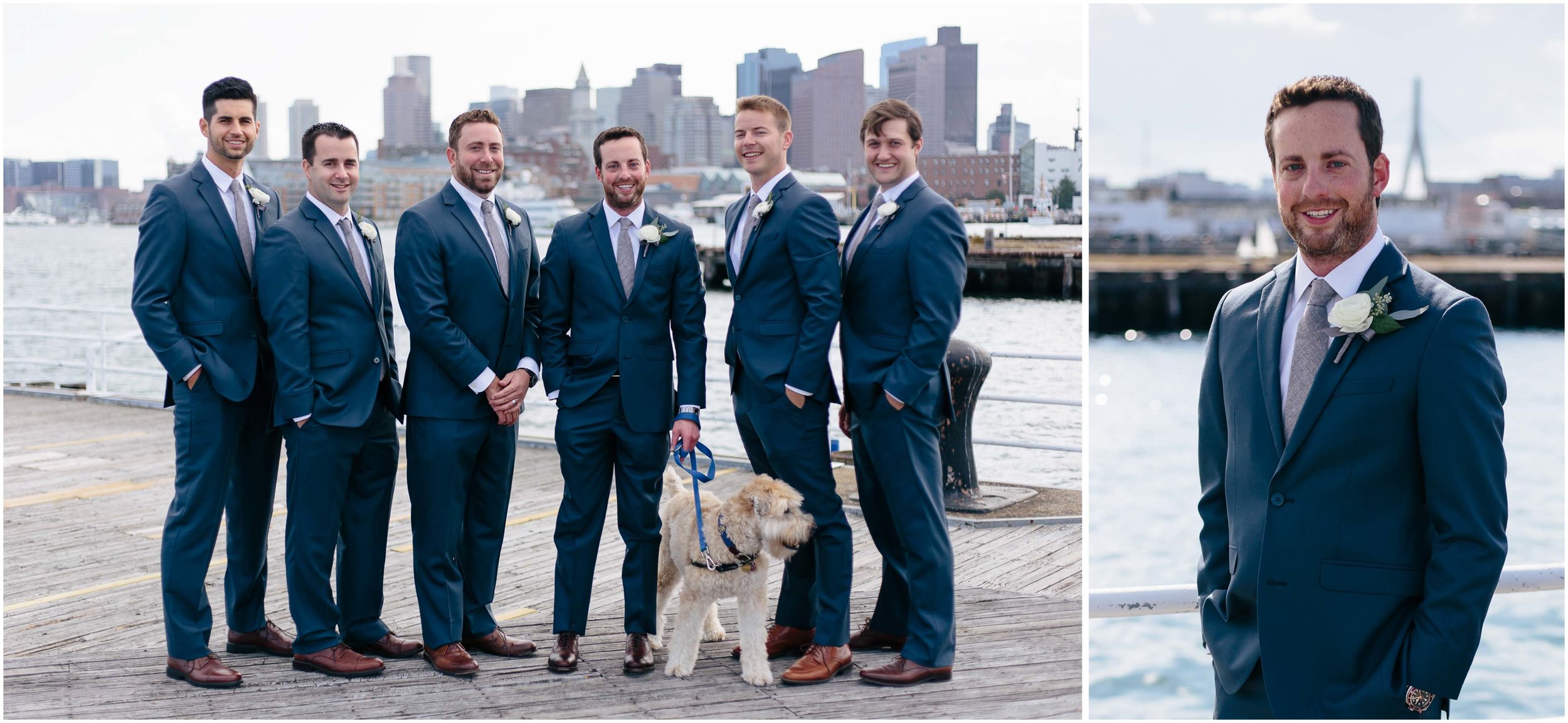 Nautical Massachusetts Jewish Wedding in the Boston Navy Yard groom and groomsmen and dog