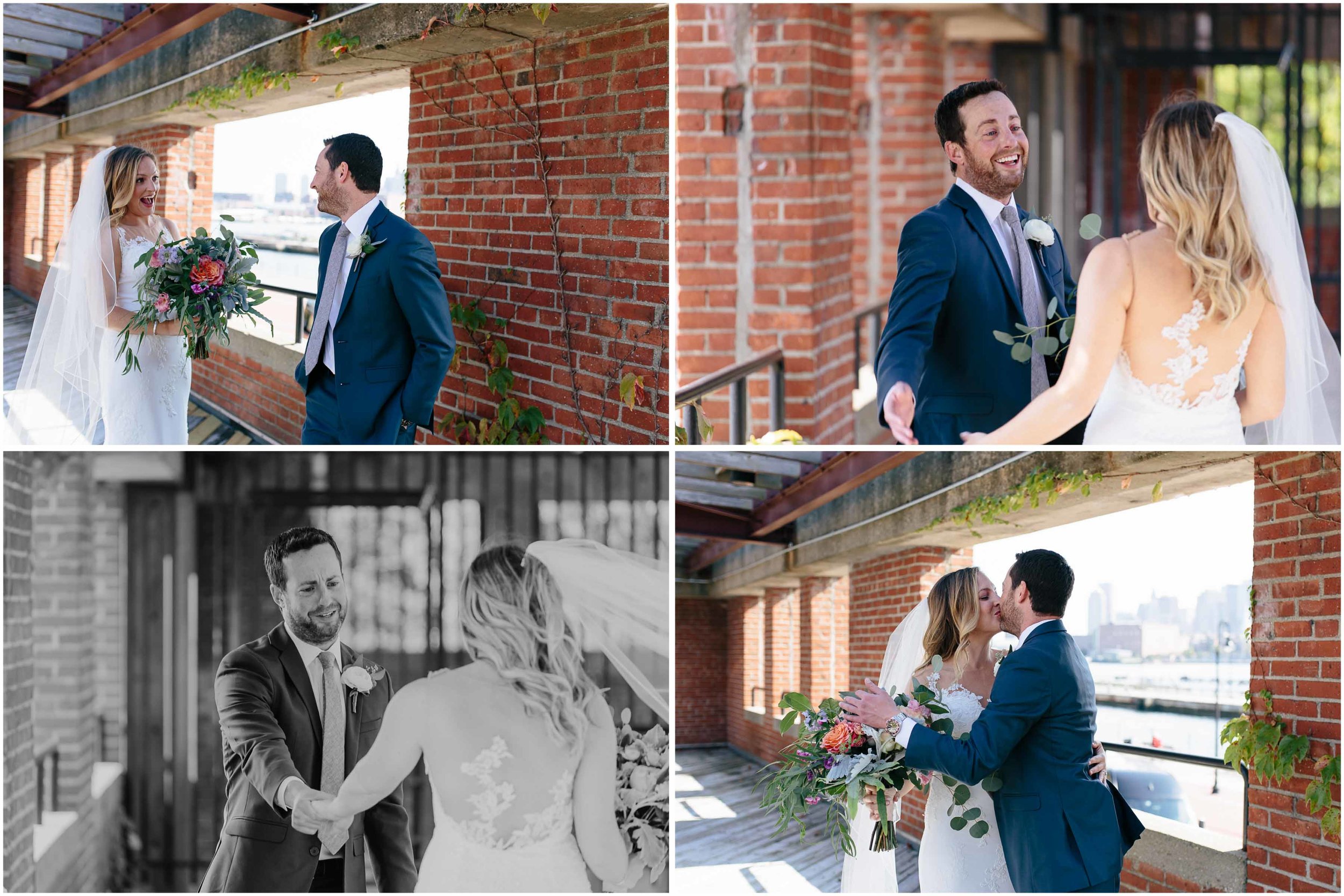 Nautical Massachusetts Jewish Wedding in the Boston Navy Yard bride and groom first look portraits