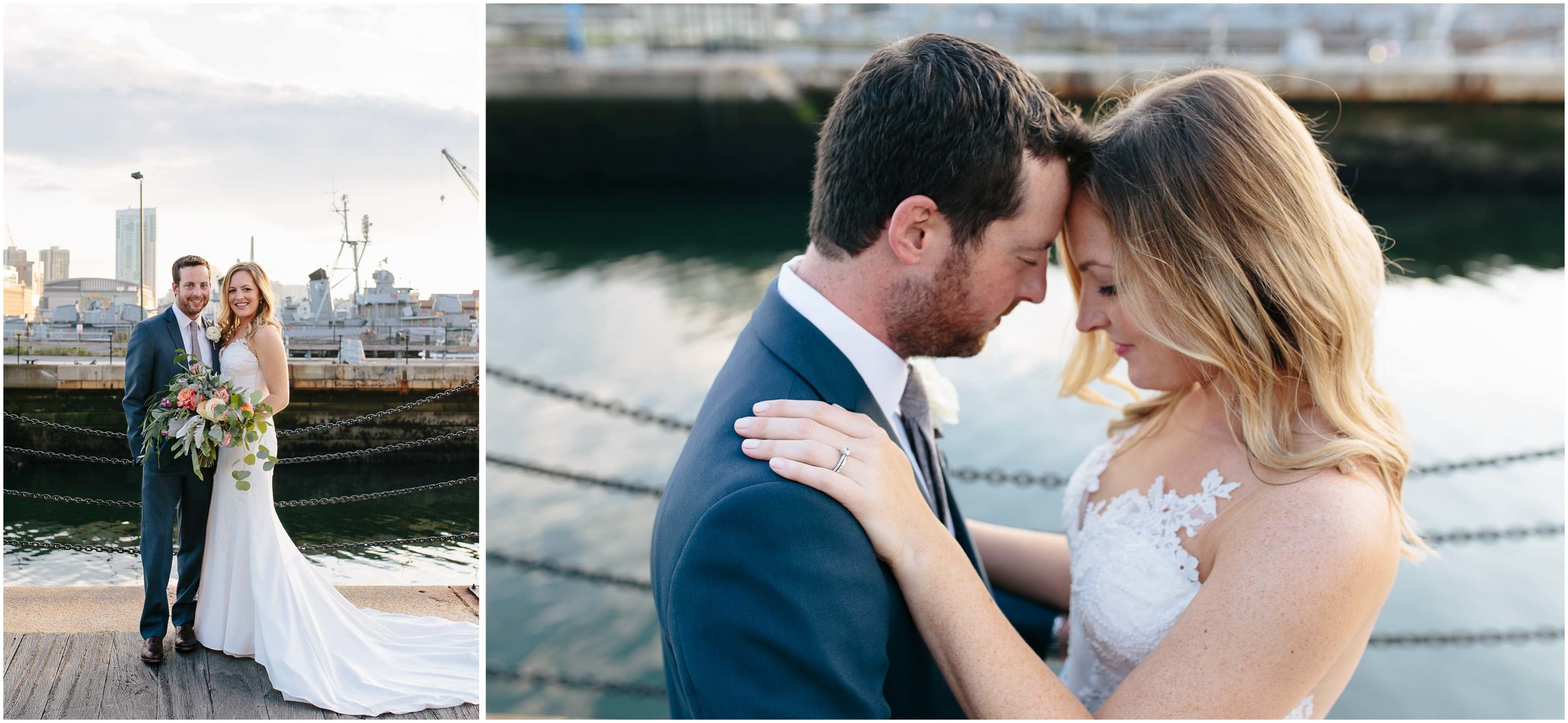 Nautical Massachusetts Jewish Wedding in the Boston Navy Yard bride and groom sunset portraits