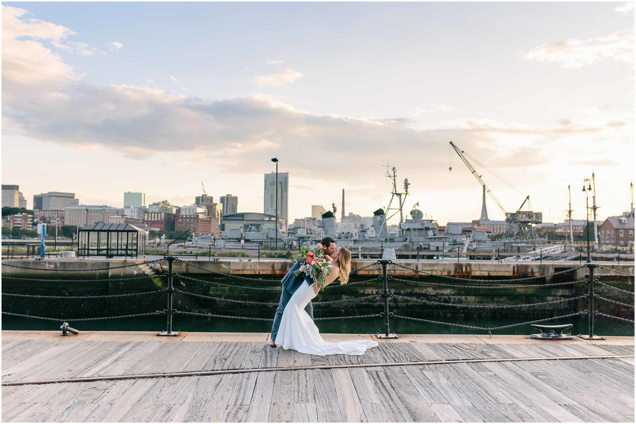 Nautical Massachusetts Jewish Wedding in the Boston Navy Yard bride and groom sunset portraits