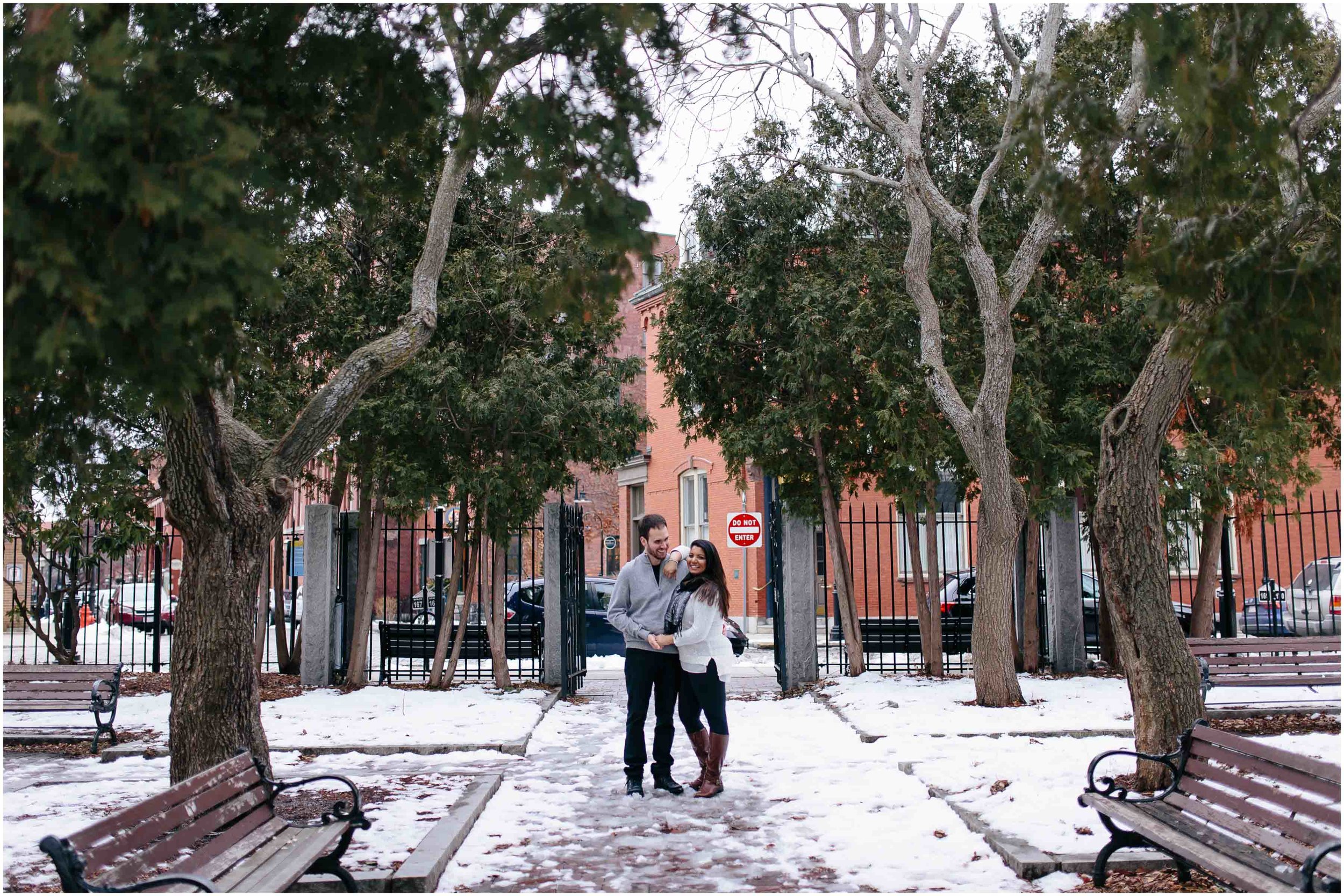 Warm and Wintry Engagement Session in Downtown Lowell, Massachusetts