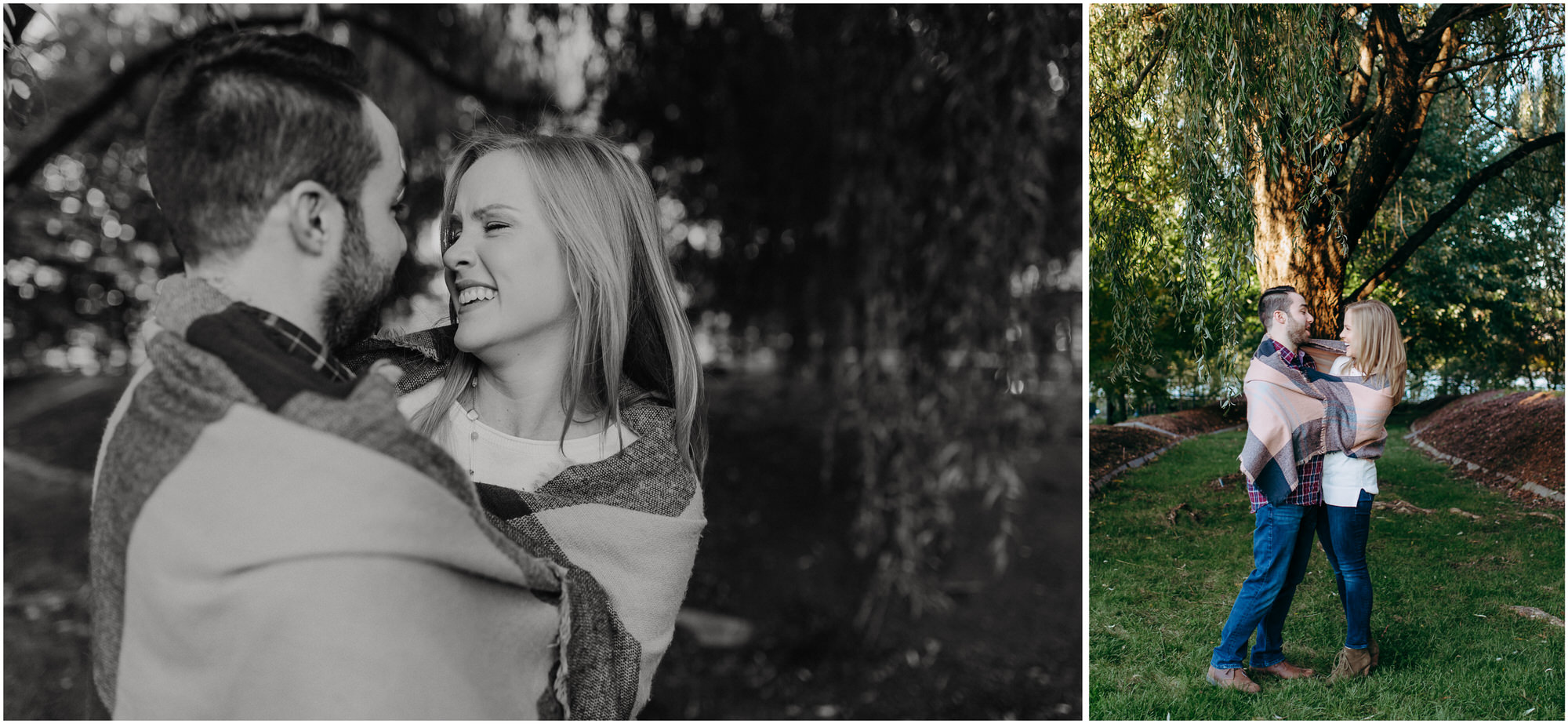 Happy couple snuggles in a blanket under a willow tree - by New Hampshire wedding photographer Ashleigh Laureen Photography in Lowell, Massachusetts