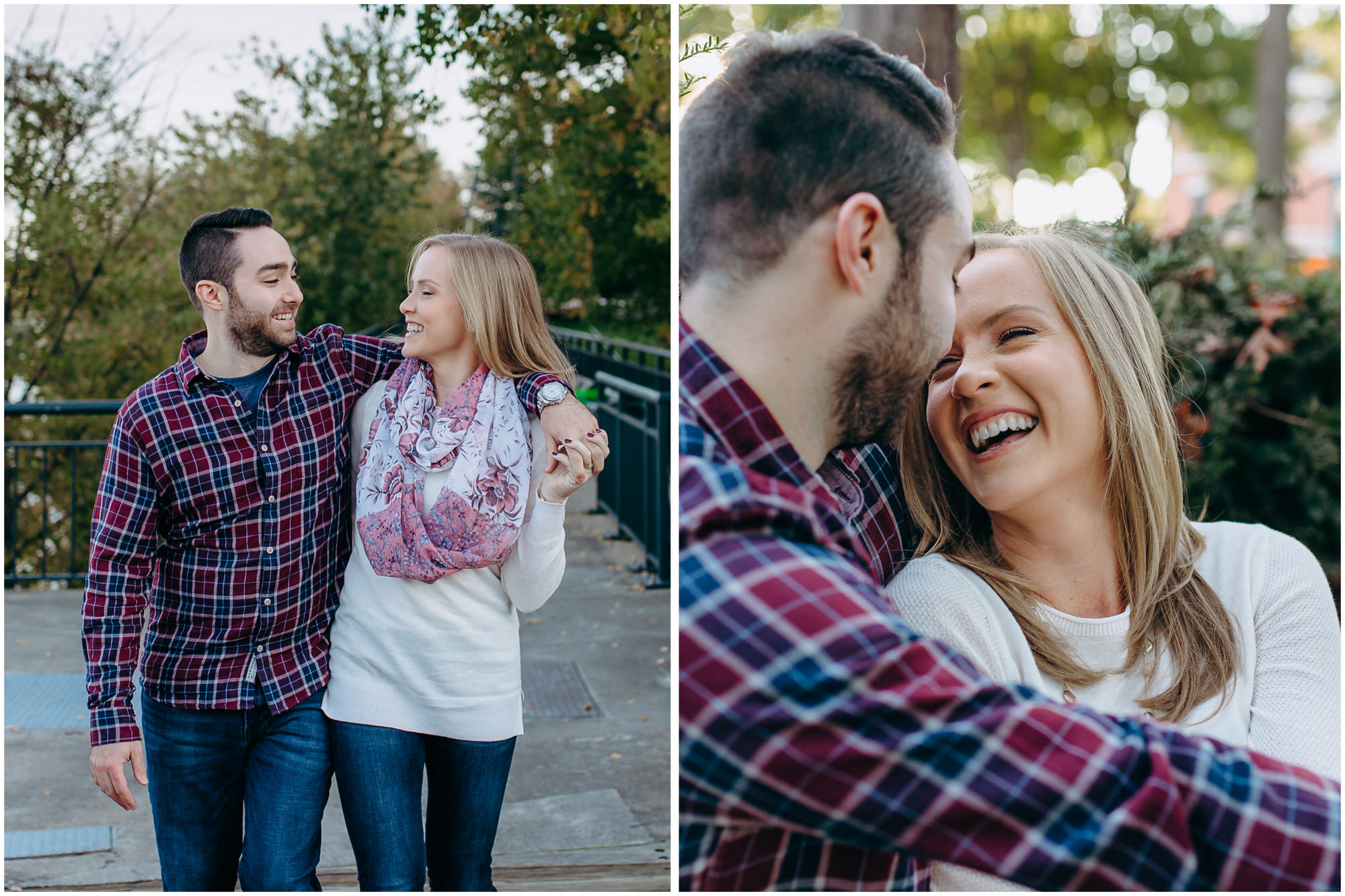 Happy couple walks together along the river and sits laughing in the park - by New Hampshire wedding photographer Ashleigh Laureen Photography in Lowell, Massachusetts