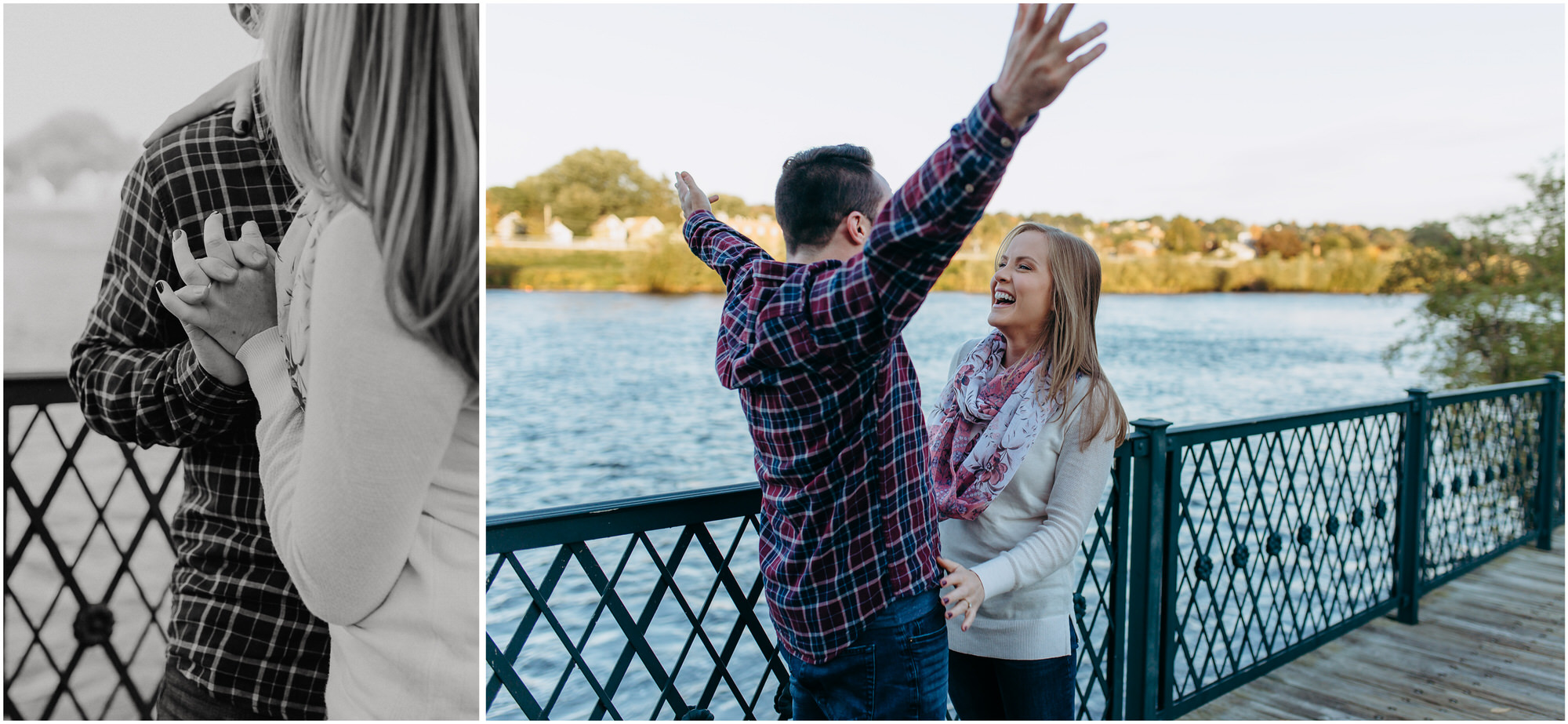 Engaged couple dances along the riverside for their engagement photos - by New Hampshire wedding photographer Ashleigh Laureen Photography in Lowell, Massachusetts
