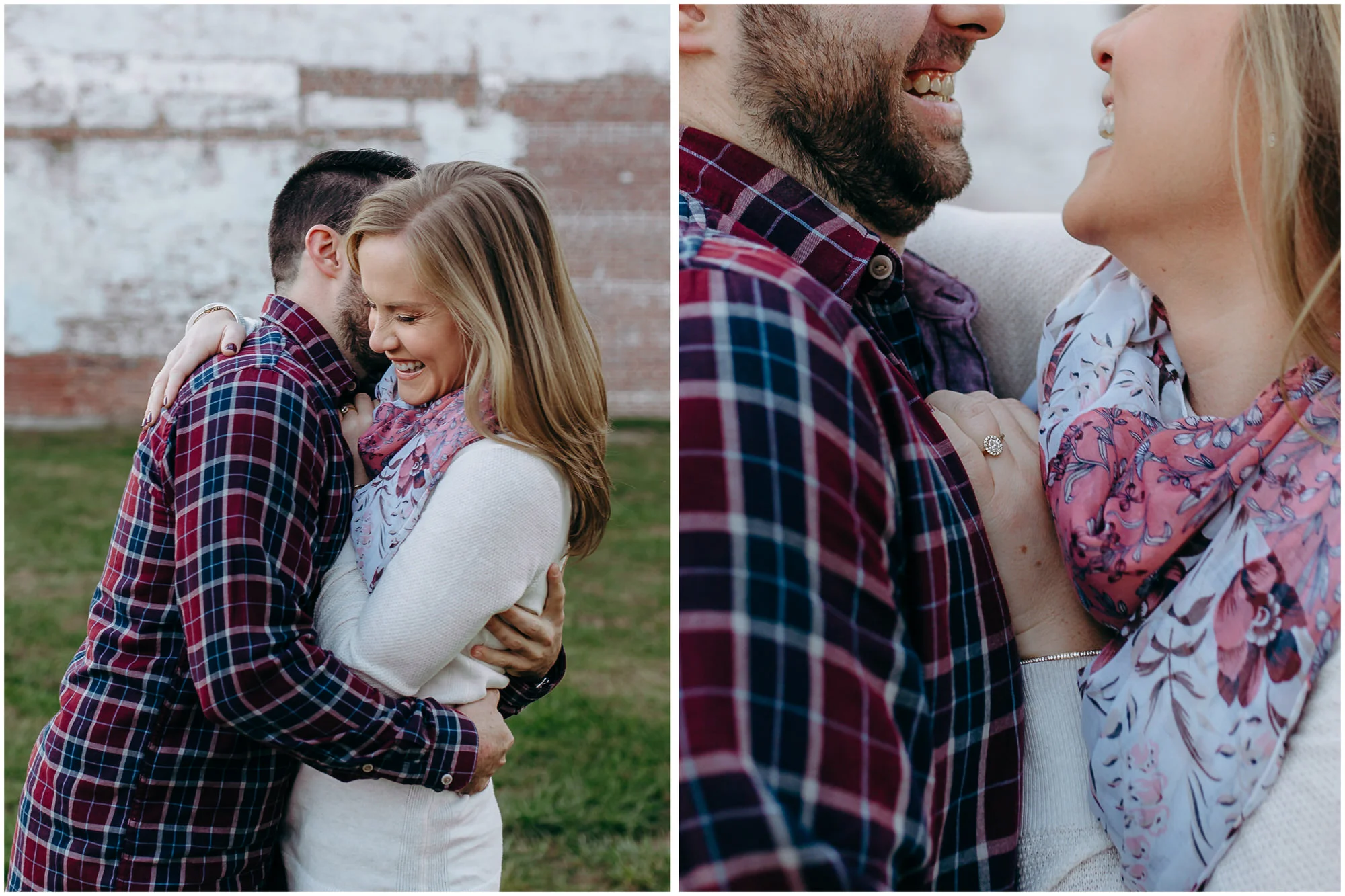 Happy couple laughs at some inside joke; there is a close-up of her ring - by New Hampshire wedding photographer Ashleigh Laureen Photography in Lowell, Massachusetts