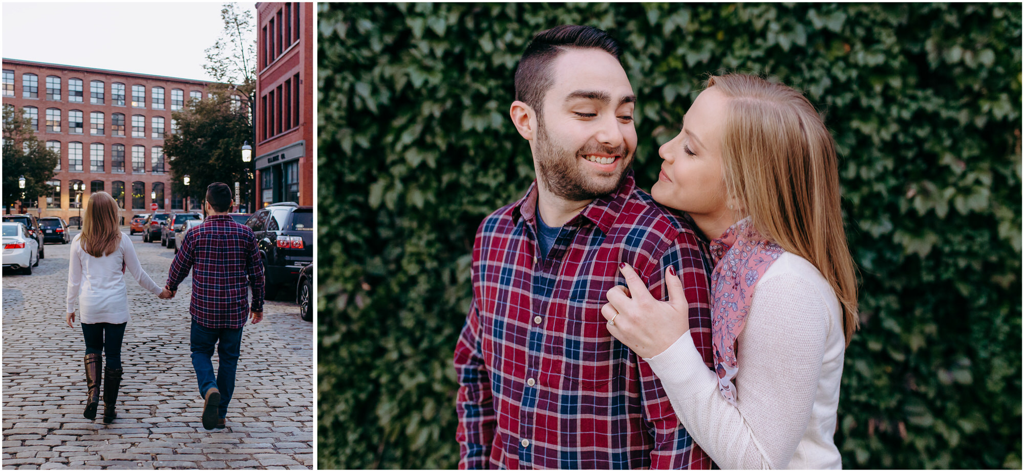 Engaged couple walks in downtown Lowell at sunset; they stand snuggling in front of a wall of ivy - by New Hampshire wedding photographer Ashleigh Laureen Photography in Lowell, Massachusetts