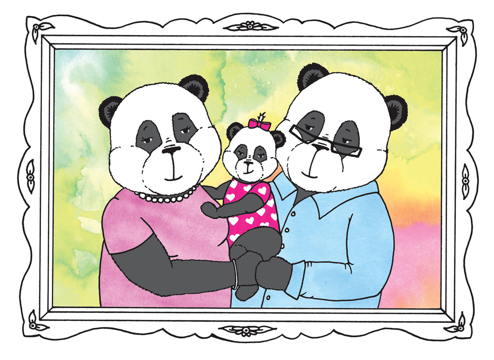 A little panda family portrait for our book, inspired by a real photo of Mike, his wife and daughter!