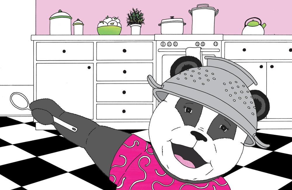 Here's a sneak peek of page 4 in the book, with our sweet little panda happily singing away and banging on pots and pans in the kitchen!