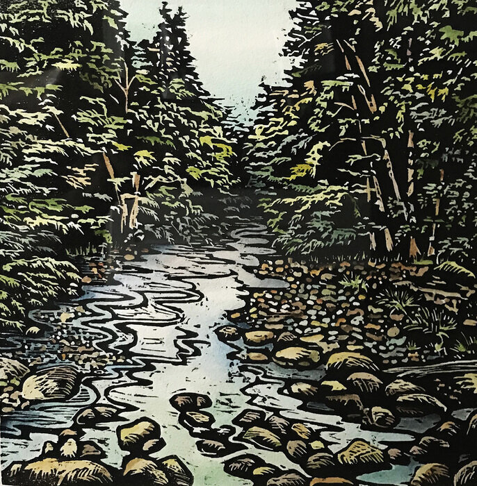   Beth Atkinson   TO THE LAKE, 2021  Woodcut with Watercolor  Northport, NY&nbsp; 