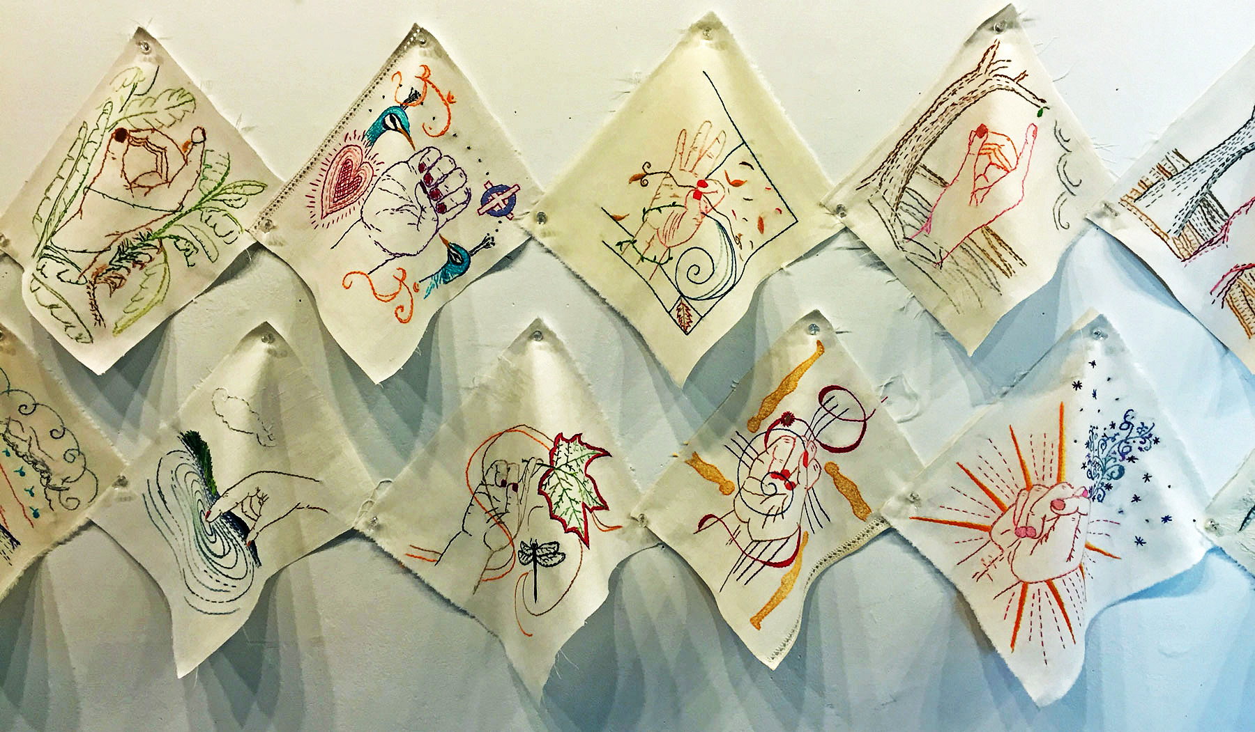 Each square is 9" by 9". Embroidered on antique linens. 2014 - 2015