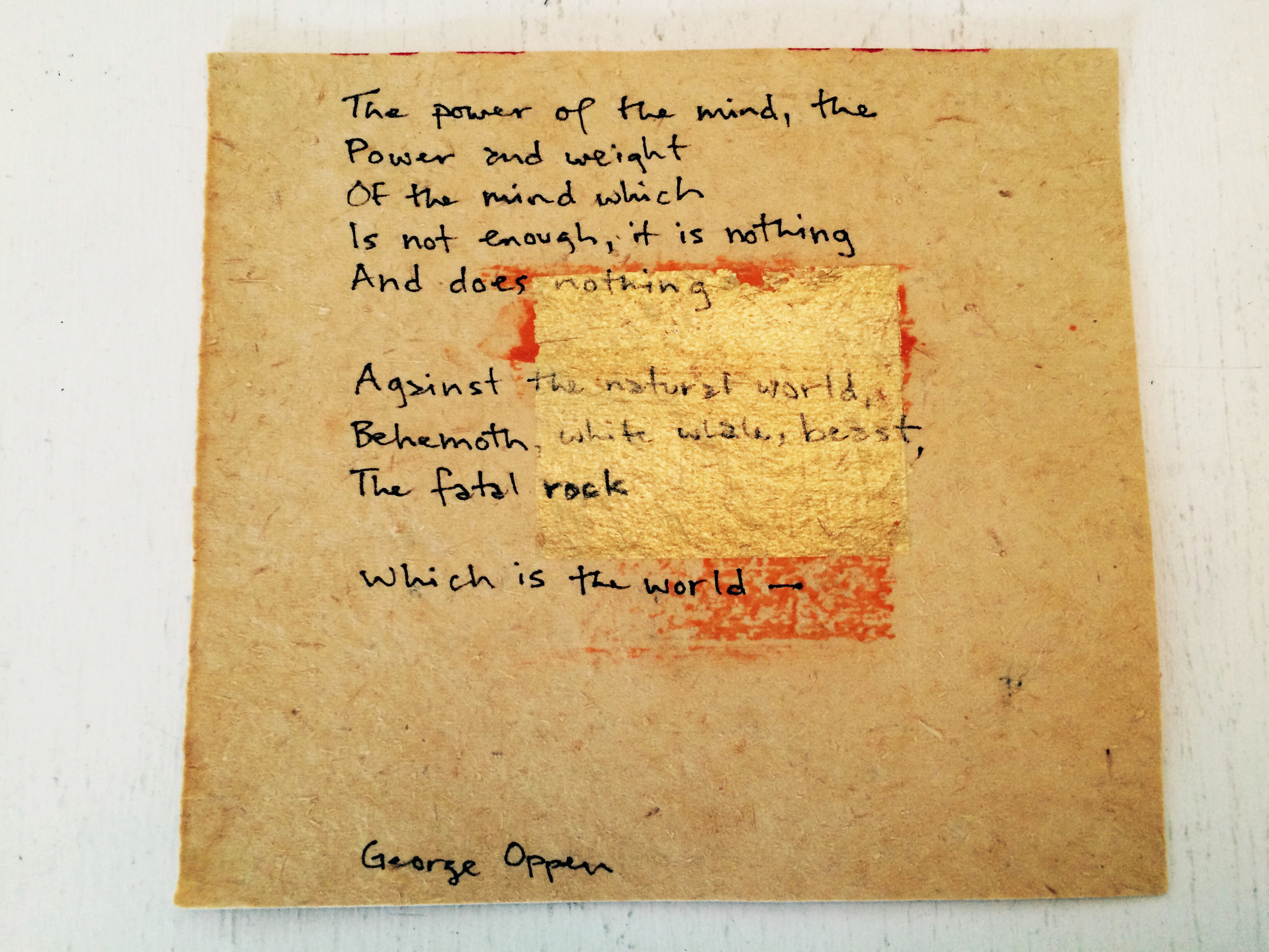 The paper is from Chinatown, and the quote is from poet George Oppen