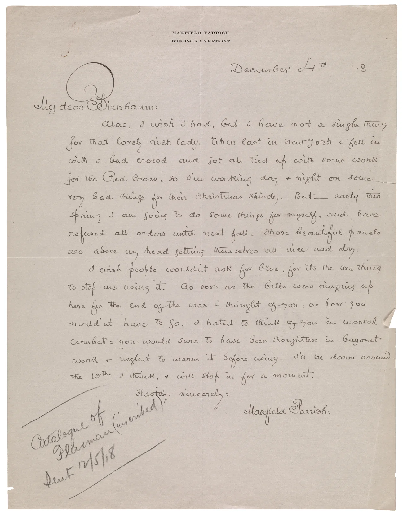 Maxfield Parrish (110), Letter to Martin Birnbaum, December 4, 1918