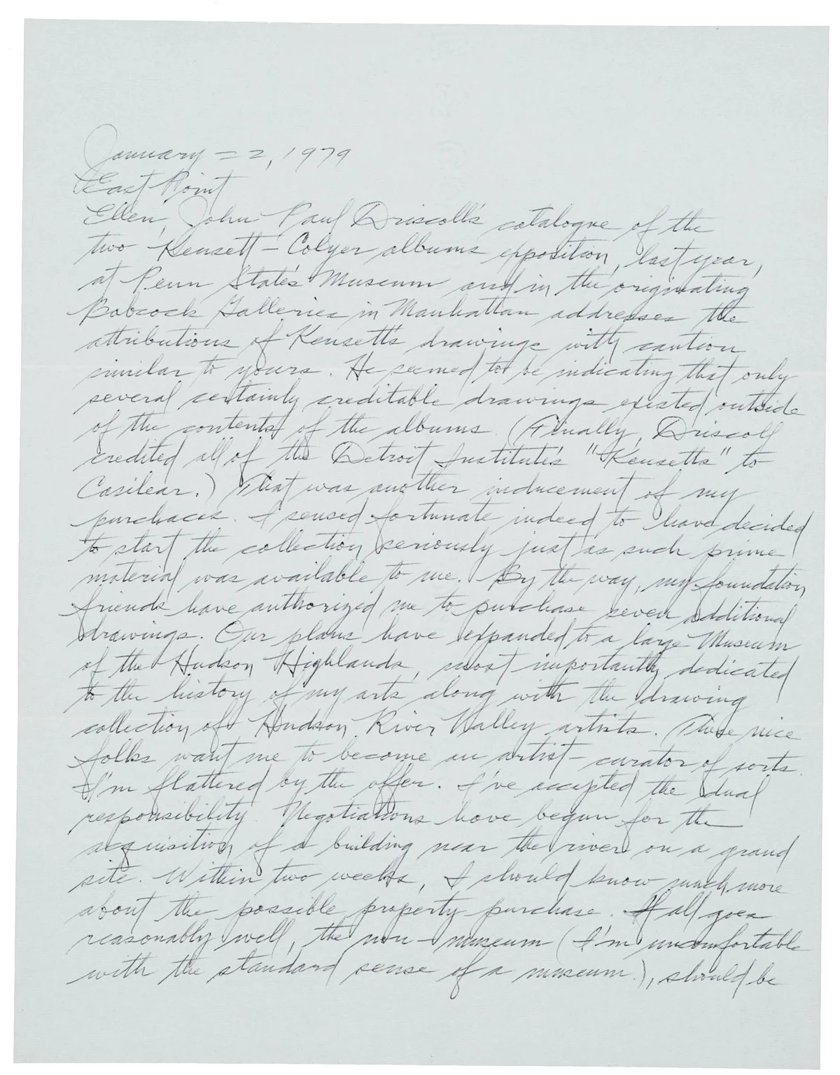 Dan Flavin (67), letter to Ellen H. Johnson, January 22, 1979