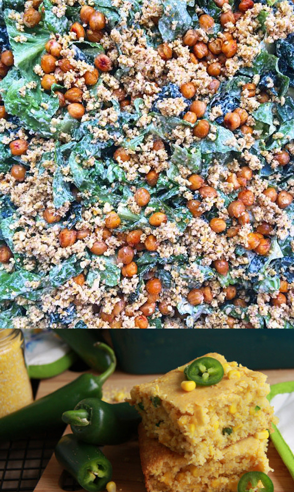 My favorite Vegan Cesar Salad and Honey Jalapeno Cornbread. Simple & Delicious.