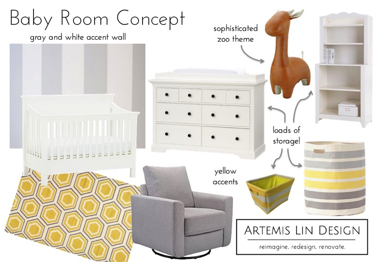 Artemis Lin Design - Design board for grey and white nursery with yellow accents and zoo theme