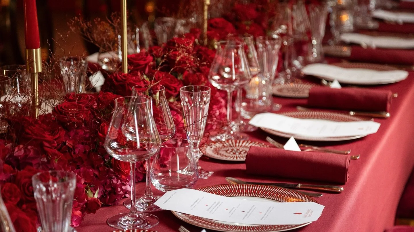 Drenched in red for a decadent dinner surrounded by Baccarat crystal, this is elegance.

Harvest tables, deep shades of red, cascading florals, golden taper candles, set against the legendary backdrop of La Maison Baccarat.

Client: Private Birthday
