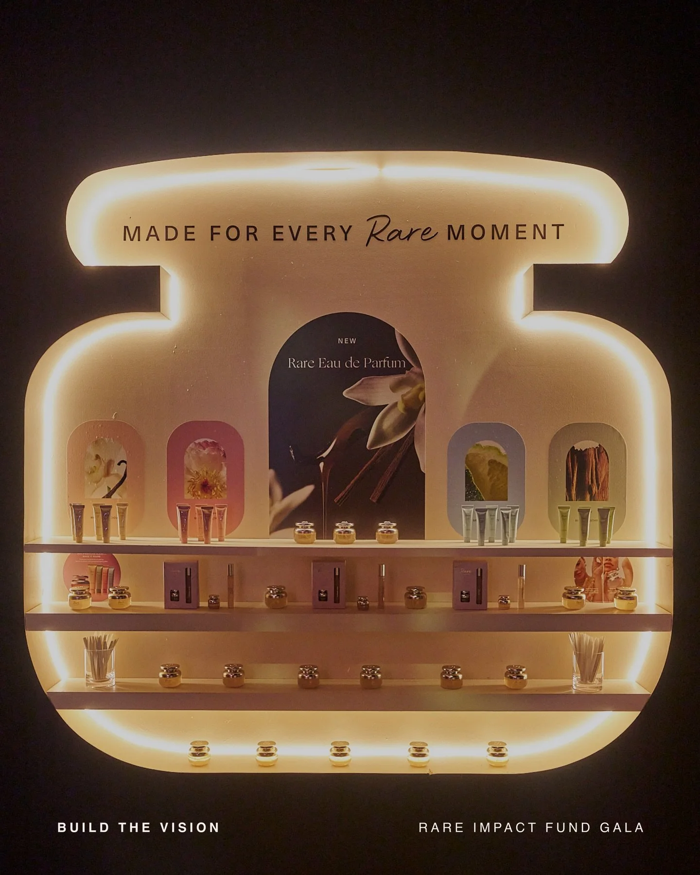 A design statement, brought to full-scale.

Small details turned a concept into an immersive guest experience. A wall-mounted Rare Eau de Parfum shelf designed to showcase @rarebeauty&rsquo;s new perfume at the Rare Impact Fund Gala. A truly three-di