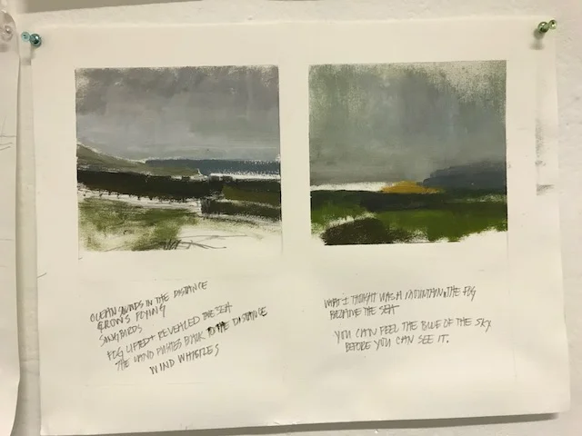 Colors are a little heavy handed ( what a surprise! Ha) and not realistic, I will continue working on capturing the Irish soft weather- (Aimsir bog in Gaelic) I am not looking for a likeness but rather a felt response to the landscape. Hard to see but in the top image, but I promise I saw a stand of autumn trees in there somewhere!