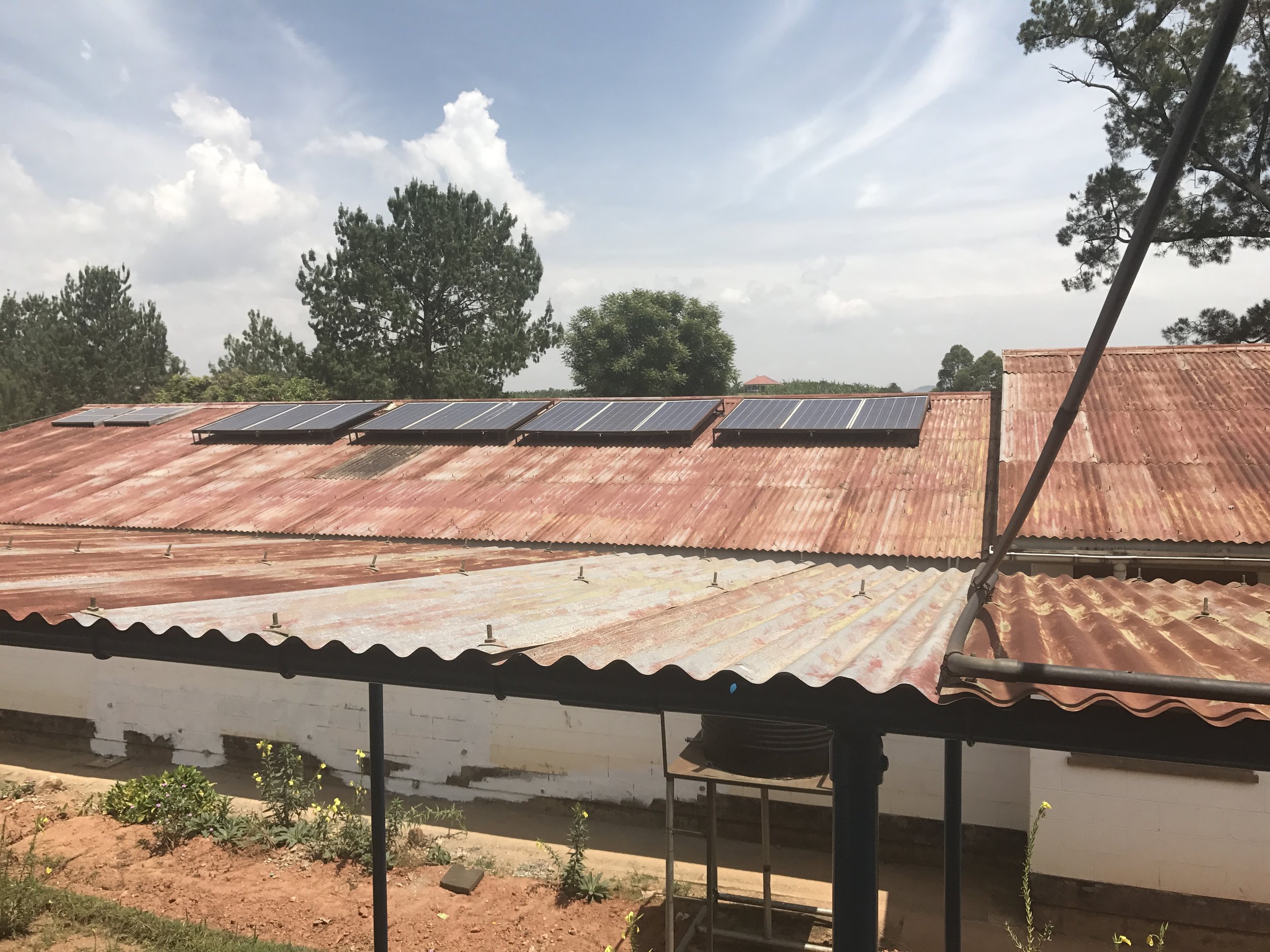 Solar panels installed on top of one of the buildings at the hospital. The panels provide energy to deliver oxygen to the patients.