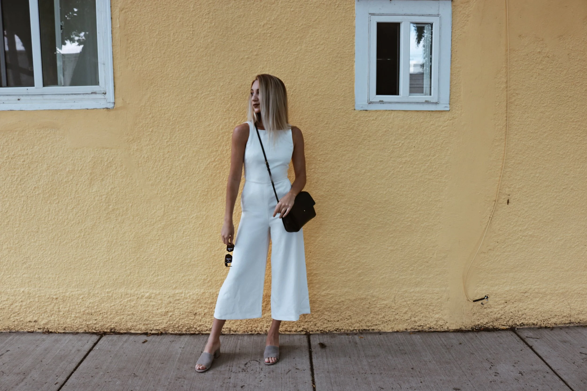 brittany lauren brittanylaurens saskatoon blogger ootd jumpsuit aritzia celine sunglasses auxillary outfit fashion blog style yellow wall paint ecoulement
