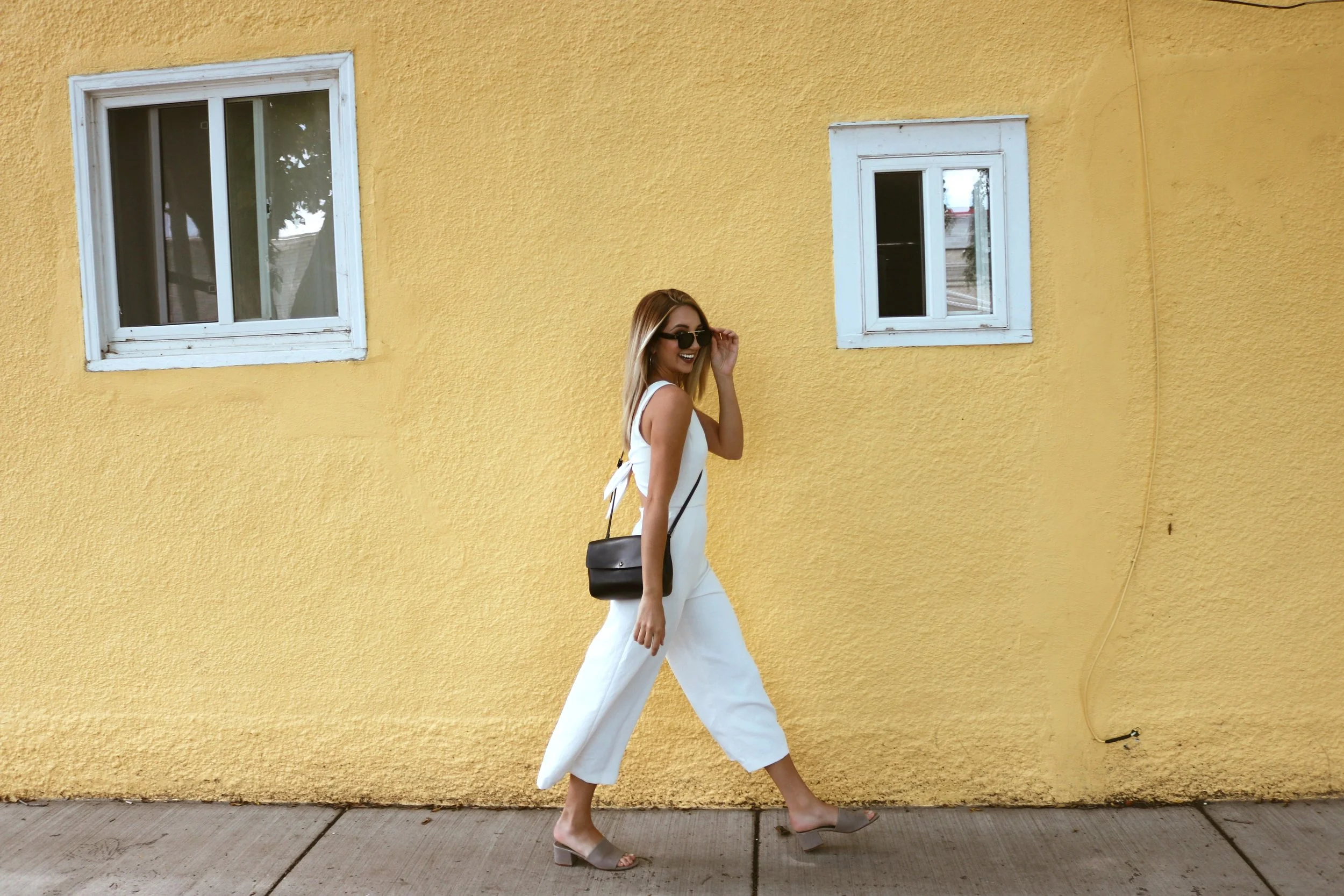  brittany lauren brittanylaurens saskatoon blogger ootd jumpsuit aritzia celine sunglasses auxillary outfit fashion blog style yellow wall paint ecoulement