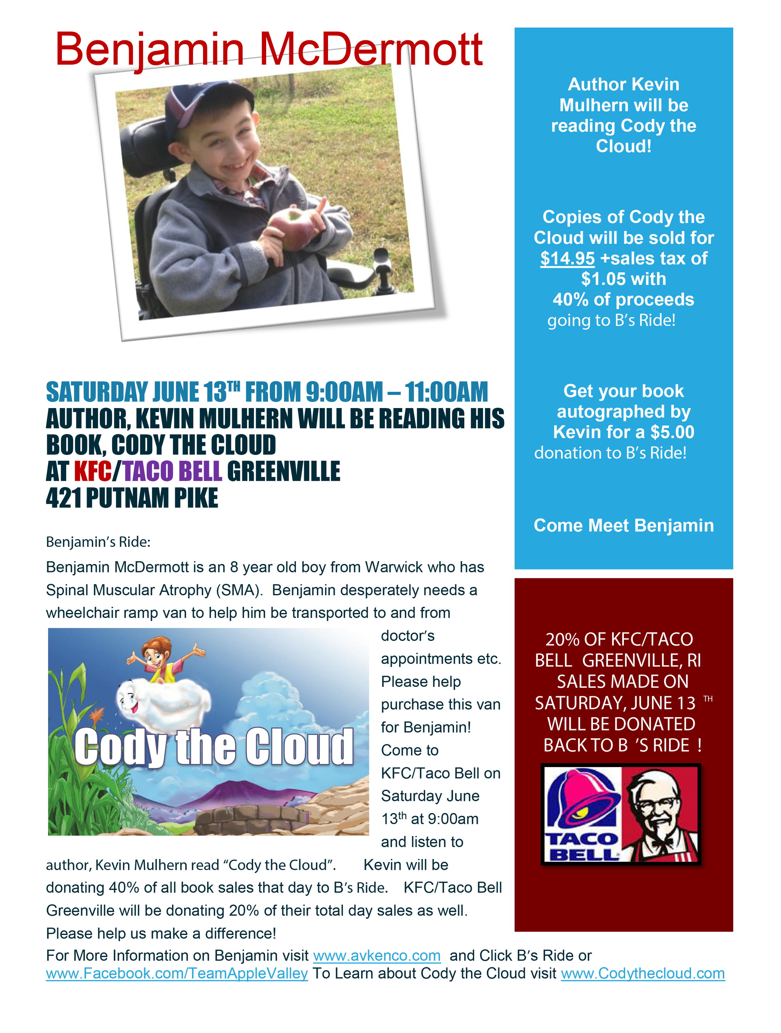 Very excited about the "Cody" fundraising event, and VERY grateful to the Rianna family and KFC/Taco Bell for being so very kind with their time, space, support, and extremely generous charitable donation! Please come out and support B's Ride on Saturday, June 13th from 9-11 a.m. at KFC/Taco Bell in Greenville, RI! Benjamin will be there as well!