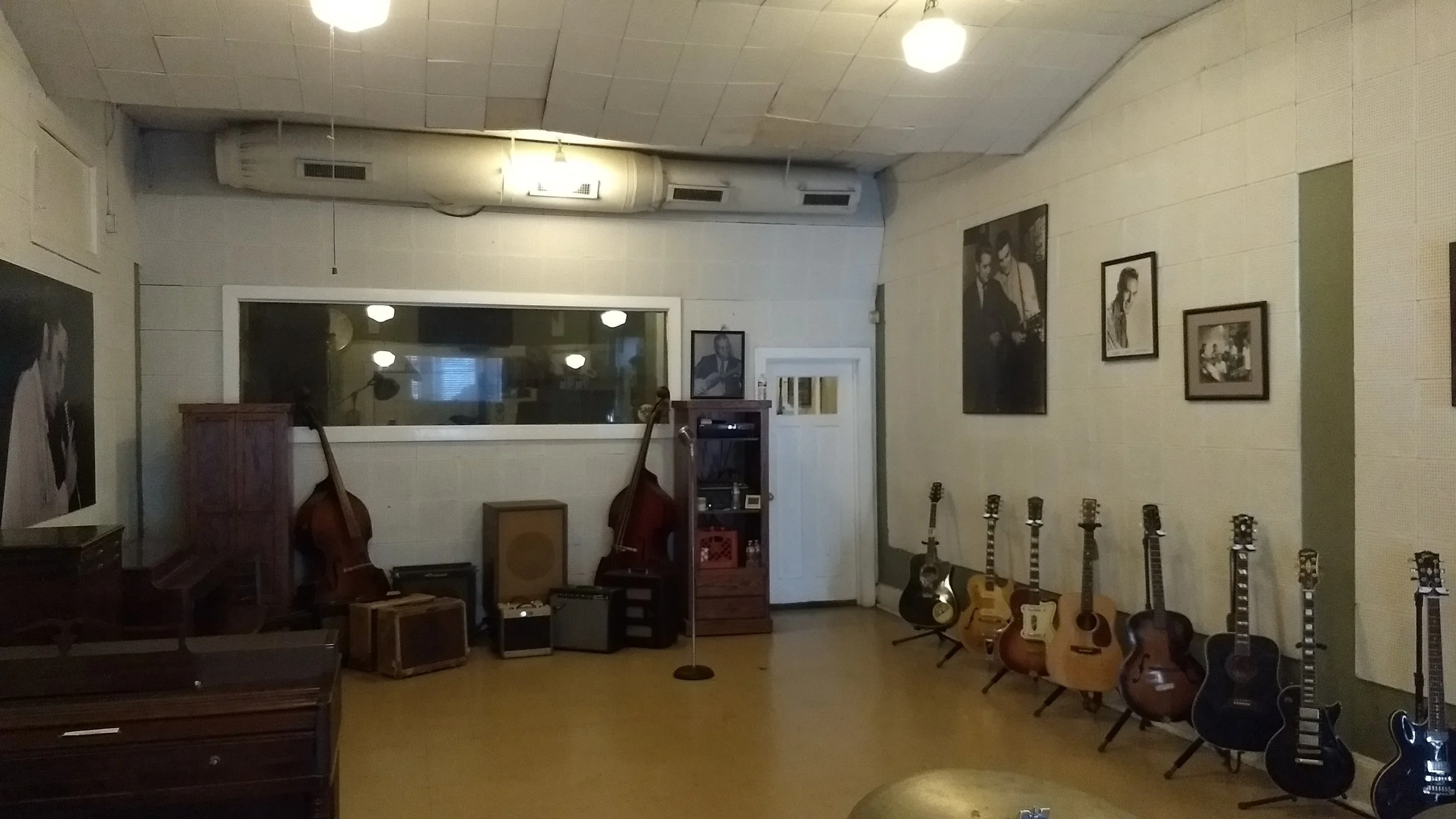 Sun Studio, the small black x next to the mic in the center is where Elvis originally stood when first recording here. 