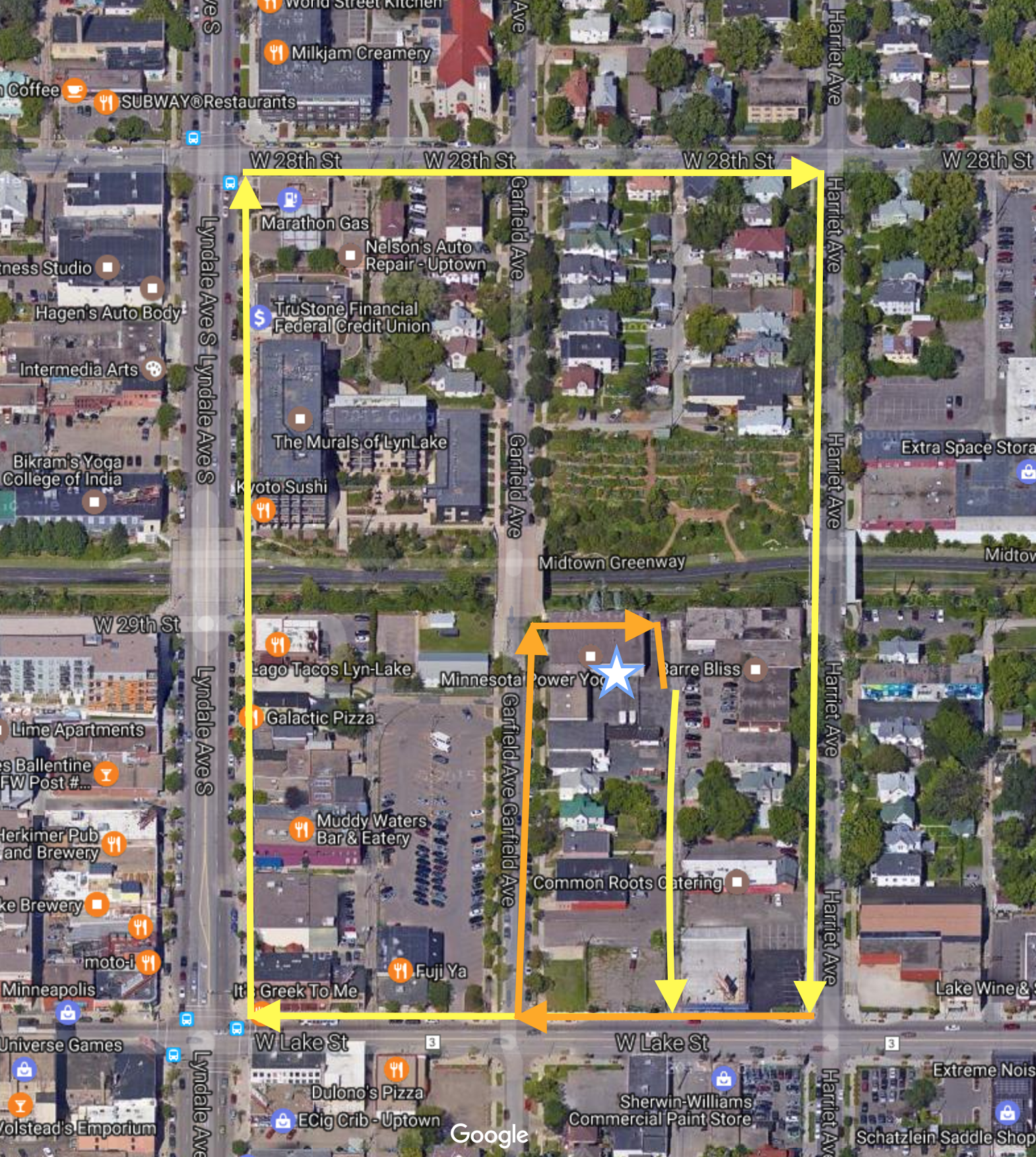 The "Murph" Mile - the route starts along the yellow arrows by the star. Athletes will run south down the alley towards Lake St. and turn right. Cross Garfield Ave and turn right to head north on Lyndale. The next turn will be another right on 28th St. Continue to Harriet, turn right and head south. The arrows turn to orange because of some overlap, as athletes will run along Lake to GARFIELD and head north to finish the mile. The final right turn will be the north alleyway loop to return to the gym.