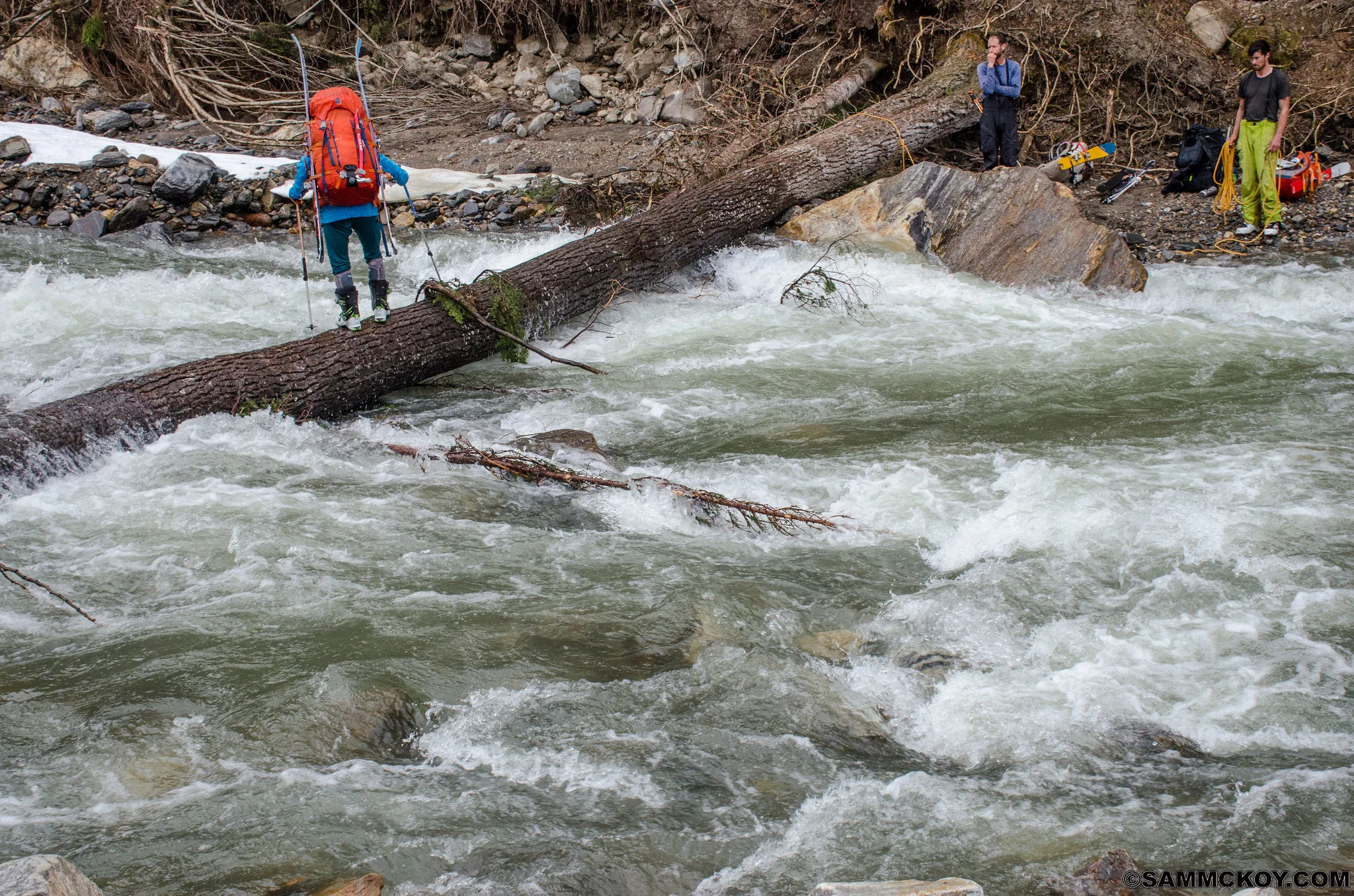 Madeleine on the last half of the log crossing of Windy Creek.