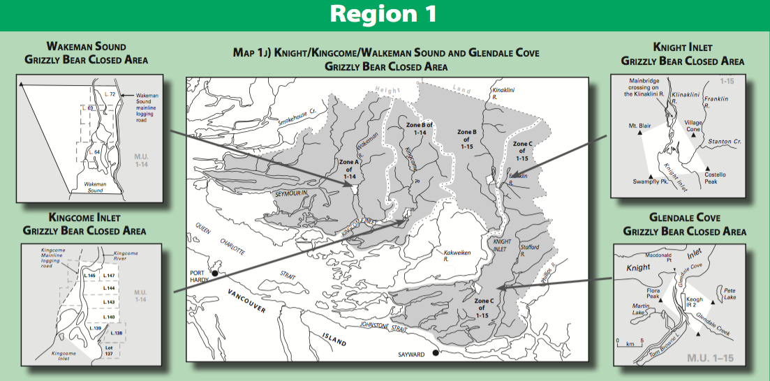 Only very small portions of the areas surrounding Knight Inlet have been closed to hunting.