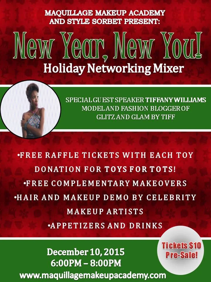 Calling all beauty lovers! 💋 Style Sorbet has partnered with Maquillage Makeup Academy to bring you an evening of beauty, wellness refreshments, and fun! Join us on Thursday, December 10th from 6-8pm at 1717 5th Ave. SD 92101 and learn about fall trends in hair and makeup from celebrity makeup artists including a special presentation by blogger Tiffany Williams of Glitz and Glam by Tiff! 💕 Free raffle tickets given to all guests who donate a new & unwrapped toy for our Toys For Tots Donation box. Stop by to get your makeup done at one of our beauty stations or enjoy a relaxing chair massage! Visit http: //www.maquillagemakeupacademy.com/events/2015/12/3/networking-mixer-holiday-party-gorgeous-hair-designs-for-you for ticket info! Questions: info@stylesorbet.com